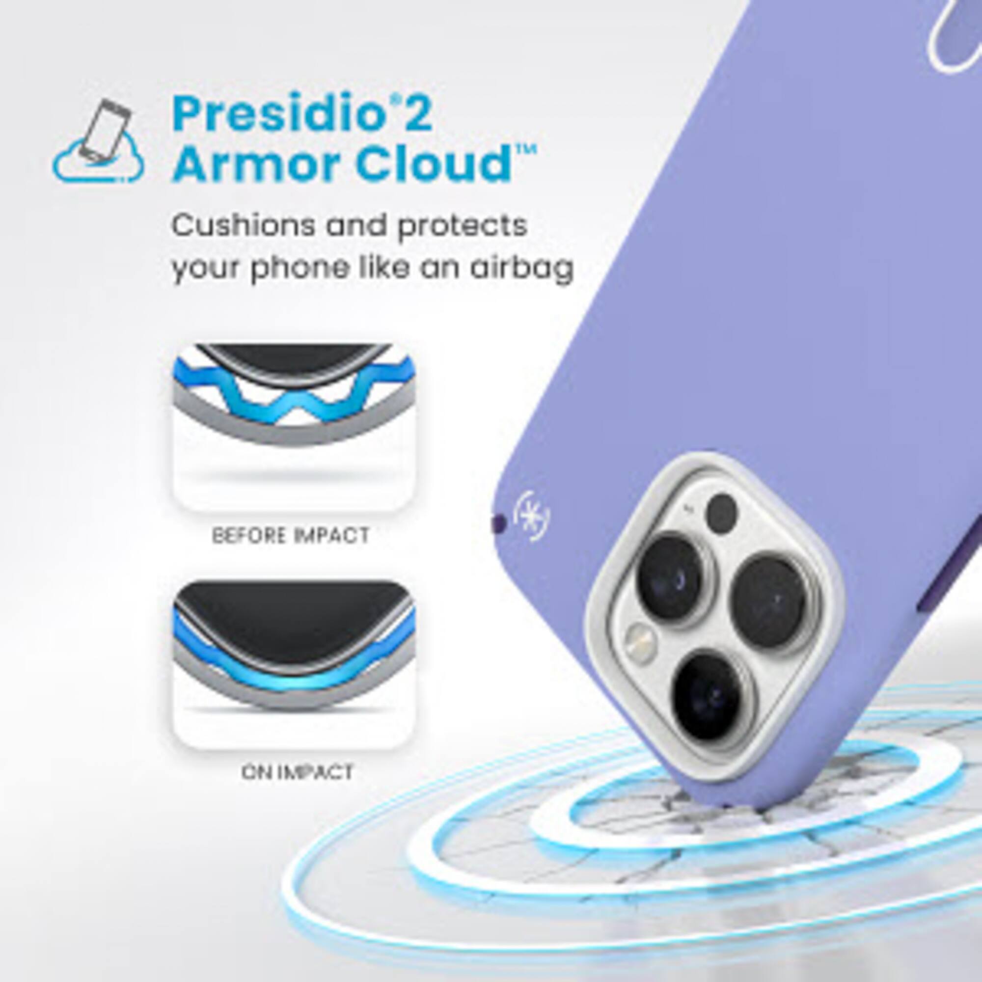 Presidio 2 Armor Cloud: Cushions and protects your phone like an airbag. Before impact. On impact.