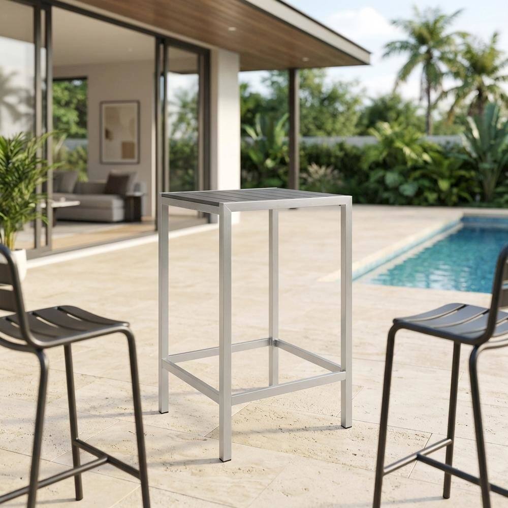 Left. Outdoor Escape - Aluminum Outdoor Bar Table With Square Top And Modern Design - Gray.