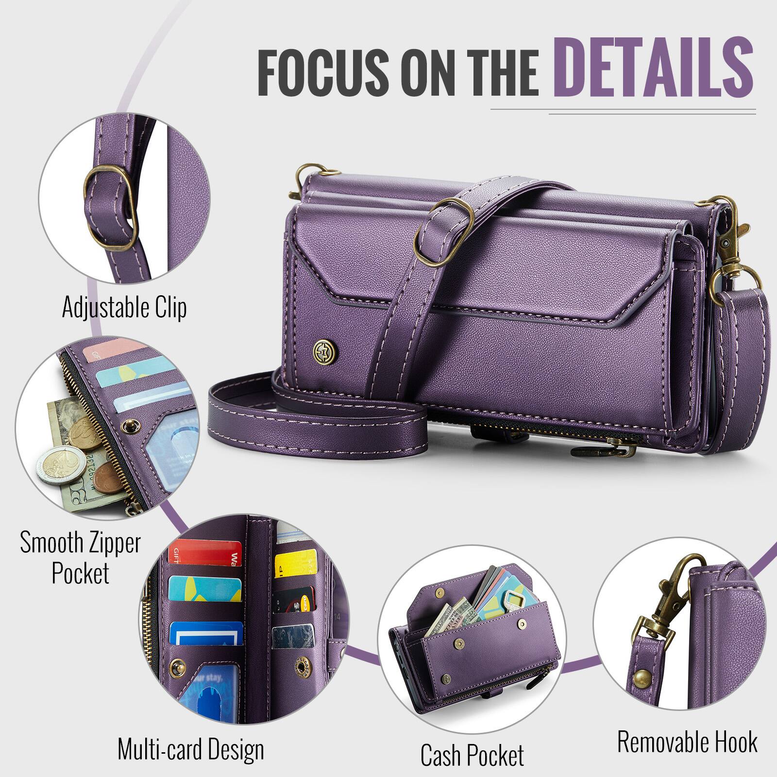 FOCUS ON THE DETAILS

- Adjustable Clip
- Smooth Zipper Pocket
- Multi-card Design
- Cash Pocket
- Removable Hook