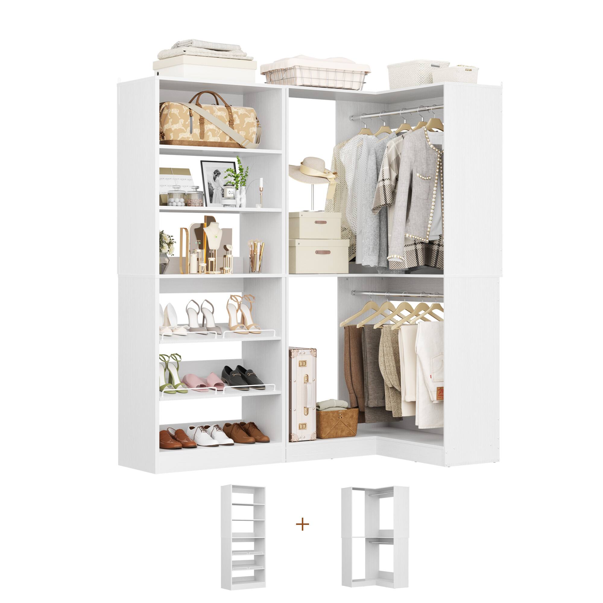 Front. Aheaplus - Corner Closet System 2-Piece Set, Featuring 2 Hanging Rods, Shoe Racks, and Storage Shelves, 1200 LBS Capacity - White.