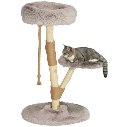 Front. Pawhut - 35 Inch Modern Cat Tree Tower for Indoor Adult Cats with Wooden Natural Branch Scratching Posts, Cat Bed & Rope Toy - Brown.
