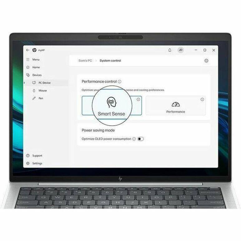 Sure, here is the corrected and grouped text from the image:

---

**Menu**
- Home
- Devices
- PC Device
- Mouse
- Pen

**System control**
- Performance control
  - Optimize your noise and cooling preferences
  - Smart Sense
  - Performance
- Power saving mode
  - Optimize OLED power consumption

**Support**
- Settings

---

**Smart Sense**