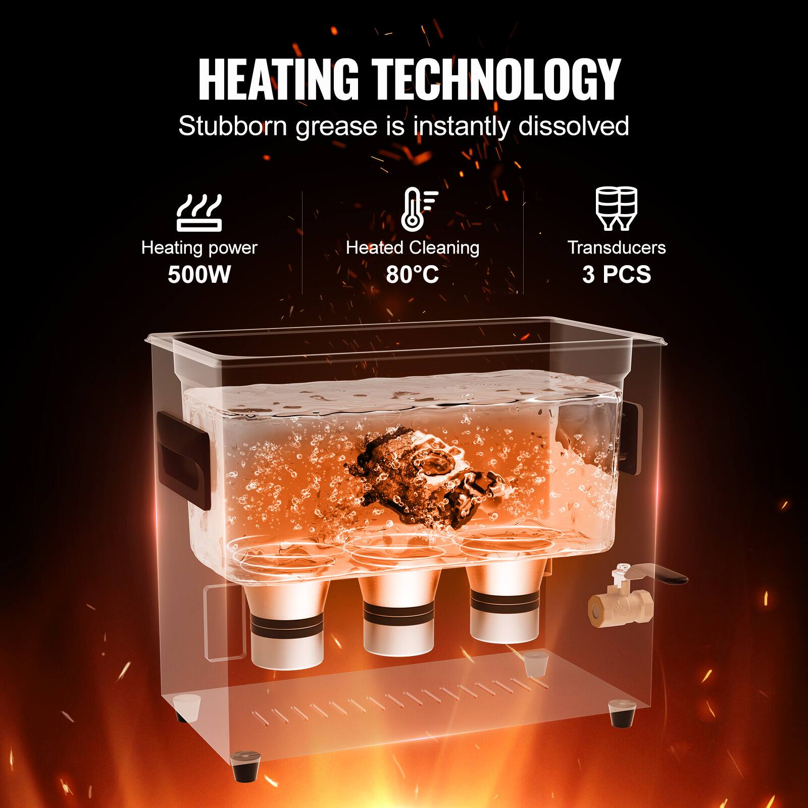 HEATING TECHNOLOGY
Stubborn grease is instantly dissolved
Heating power 500W
Heated Cleaning 80C
Transducers 3 PCS