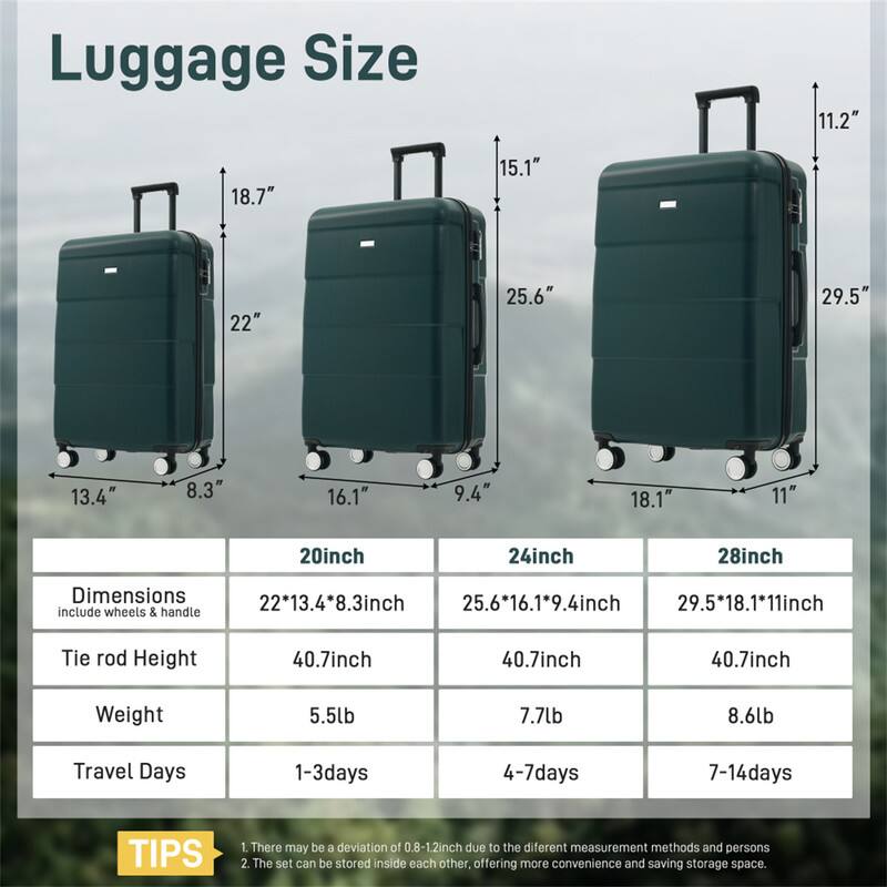 Luggage Size: 11.2" 18.7" 15.1" 22" 25.6" 29.5" 13.4" 8.3" 16.1" 9.4" 18.1" 11" 20inch 24inch 28inch

Dimensions:
- 20inch: 22*13.4*8.3inch
- 24inch: 25.6*16.1*9.4inch
- 28inch: 29.5*18.1*11inch

Include wheels & handle

Tie rod Height: 40.7inch

Weight:
- 20inch: 5.5lb
- 24inch: 7.7lb
- 28inch: 8.6lb

Travel Days:
- 20inch: 1-3days
- 24inch: 4-7days
- 28inch: 7-14days

TIPS:
1. There may be a deviation of 0