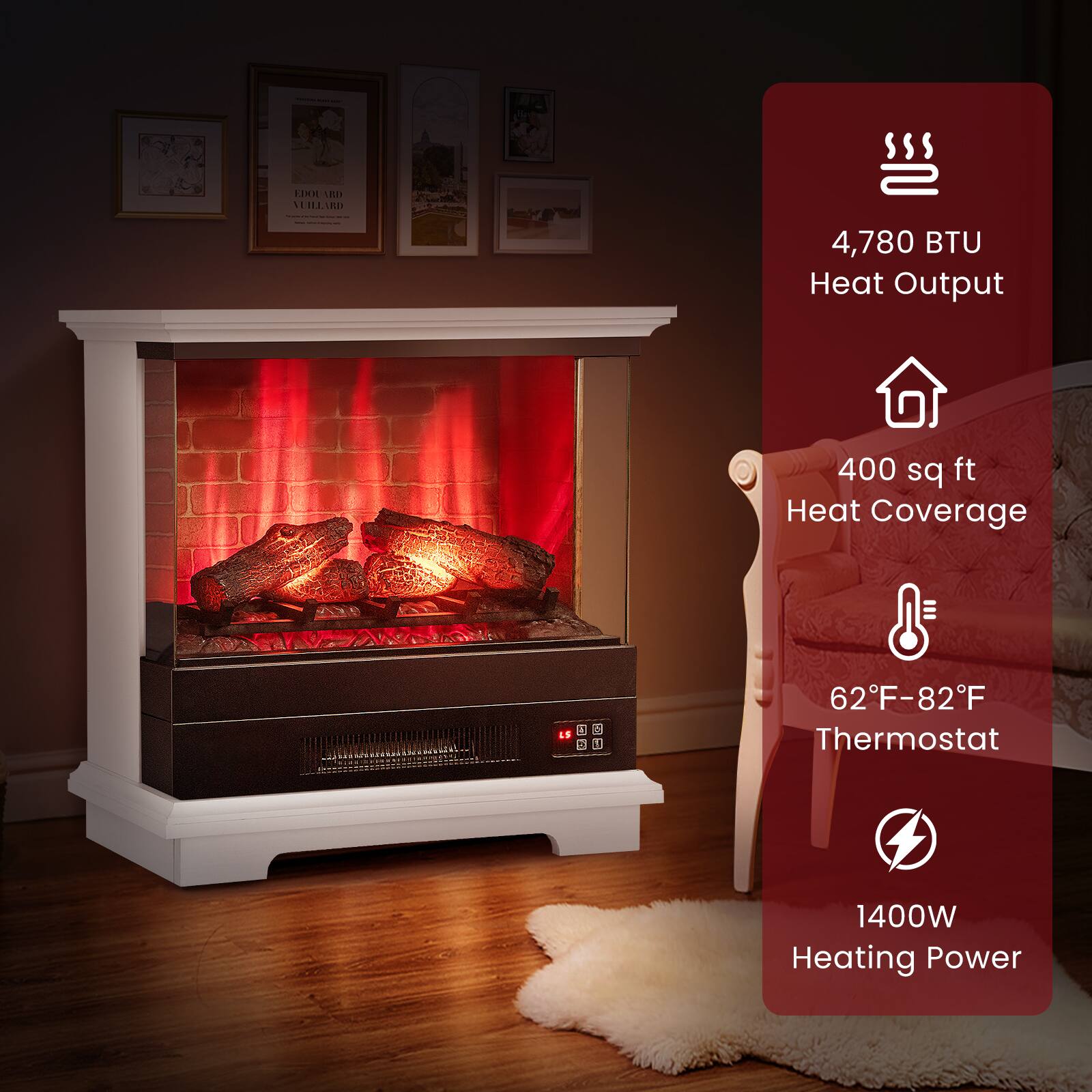 IK u 11 BLLLED 4,780 BTU Heat Output 400 sq ft Heat Coverage 62F-82F Thermostat 1400W Heating Power