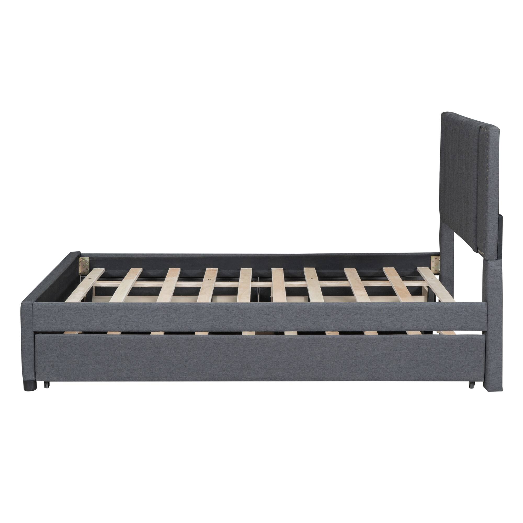 Alt View 2. LUCKY ONE - Full Size Upholstered Platform Bed with 2 Drawers and 1 Twin Size Trundle - Gray.