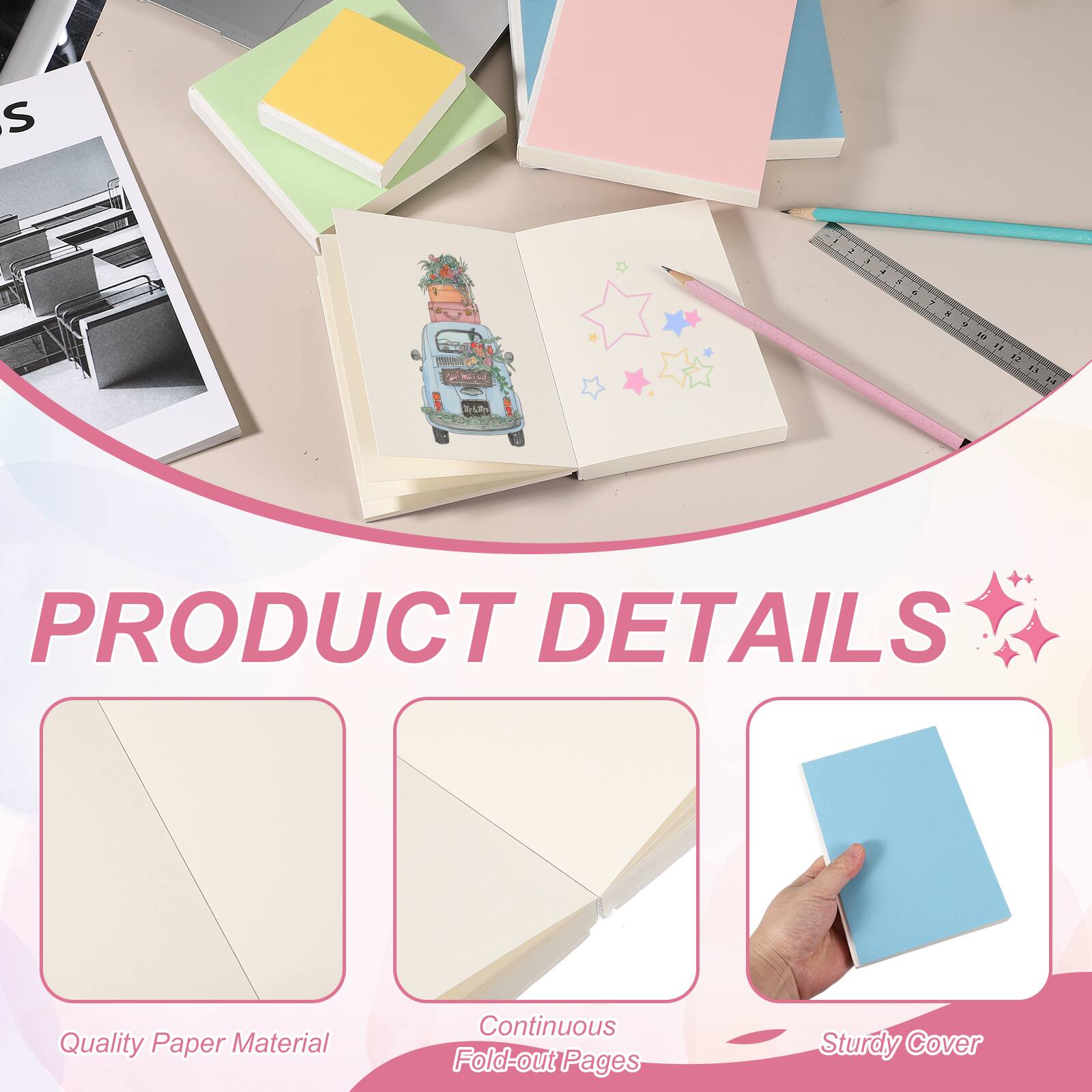 PRODUCT DETAILS

- Quality Paper Material
- Continuous Fold-out Pages
- Sturdy Cover