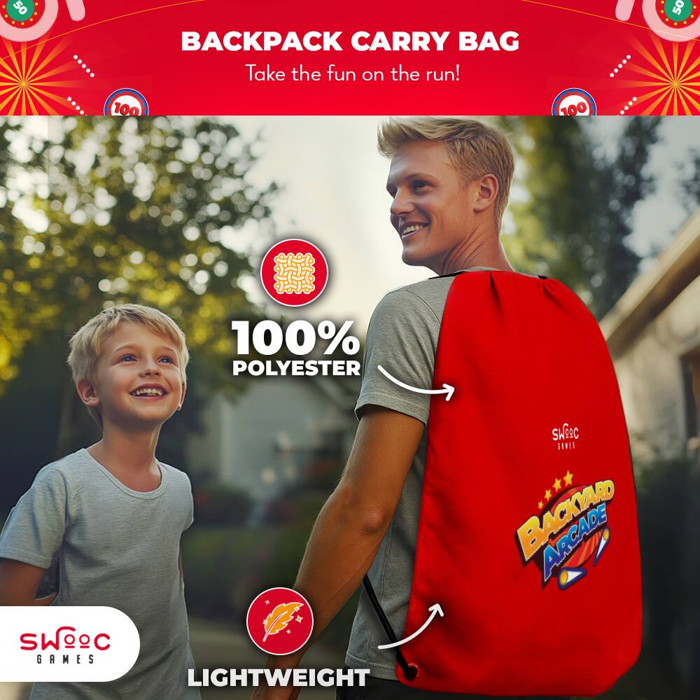 **BACKPACK CARRY BAG**  
Take the fun on the run!

- **100% POLYESTER**
- **LIGHTWEIGHT**

**SWOOC GAMES**  
**BACKYARD ARCADE**