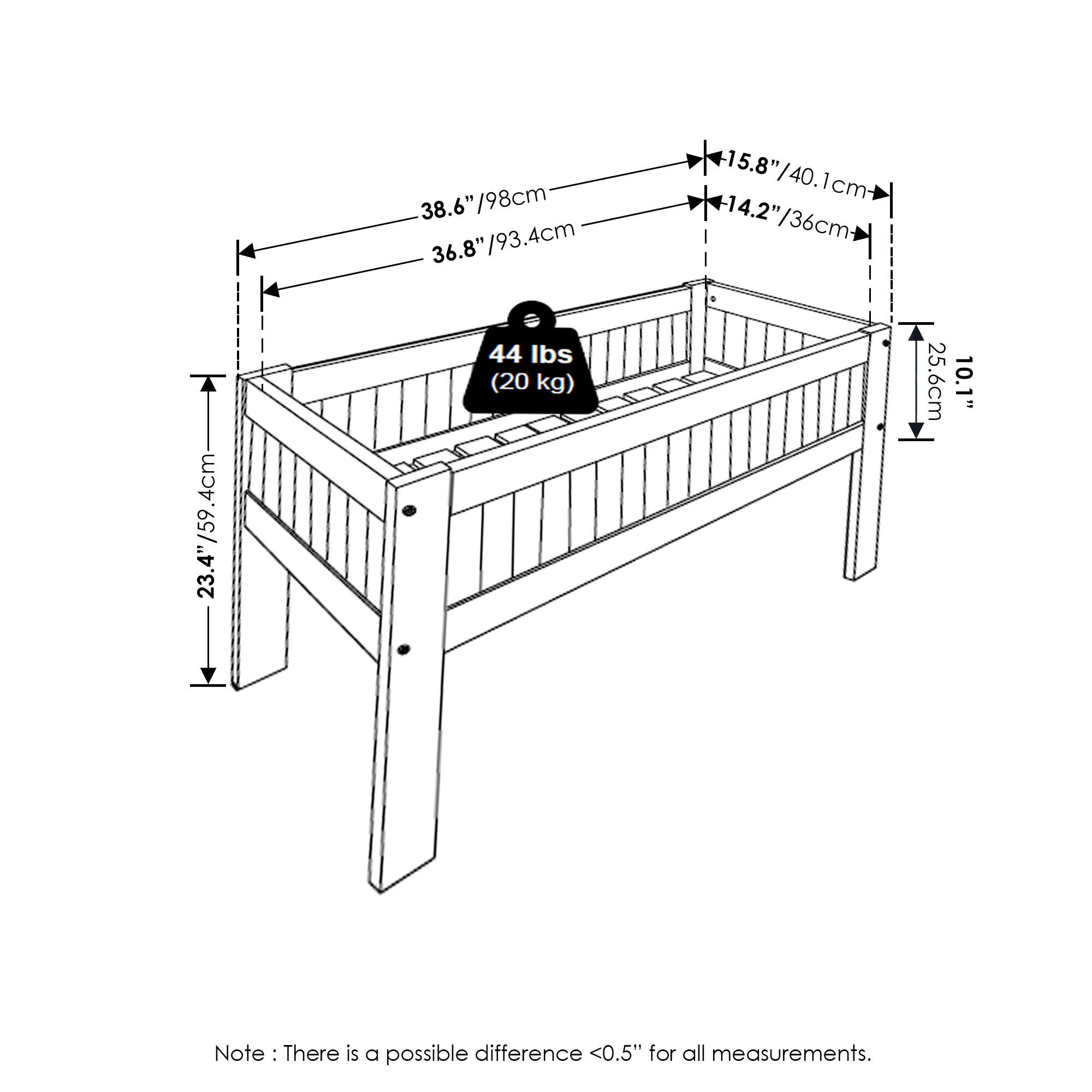 - 38.6" / 98 cm
- 36.8" / 93.4 cm
- 15.8" / 40.1 cm
- 14.2" / 36 cm
- 23.4" / 59.4 cm
- 25.6 cm
- 10.1"
- 44 lbs (20 kg)

Note: There is a possible difference <0.5" for all measurements.