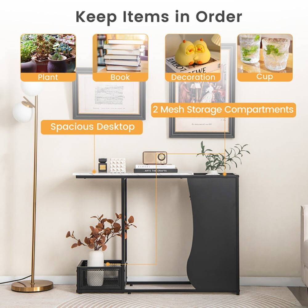 Keep Items in Order  
Plant  
Book  
Decoration  
Cup  
Spacious Desktop  
2 Mesh Storage Compartments
