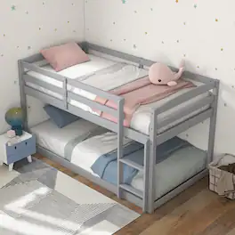 Costway - Twin over Twin Low Bunk Bed with Guardrails Integrated Ladder Kids Wooden - Gray