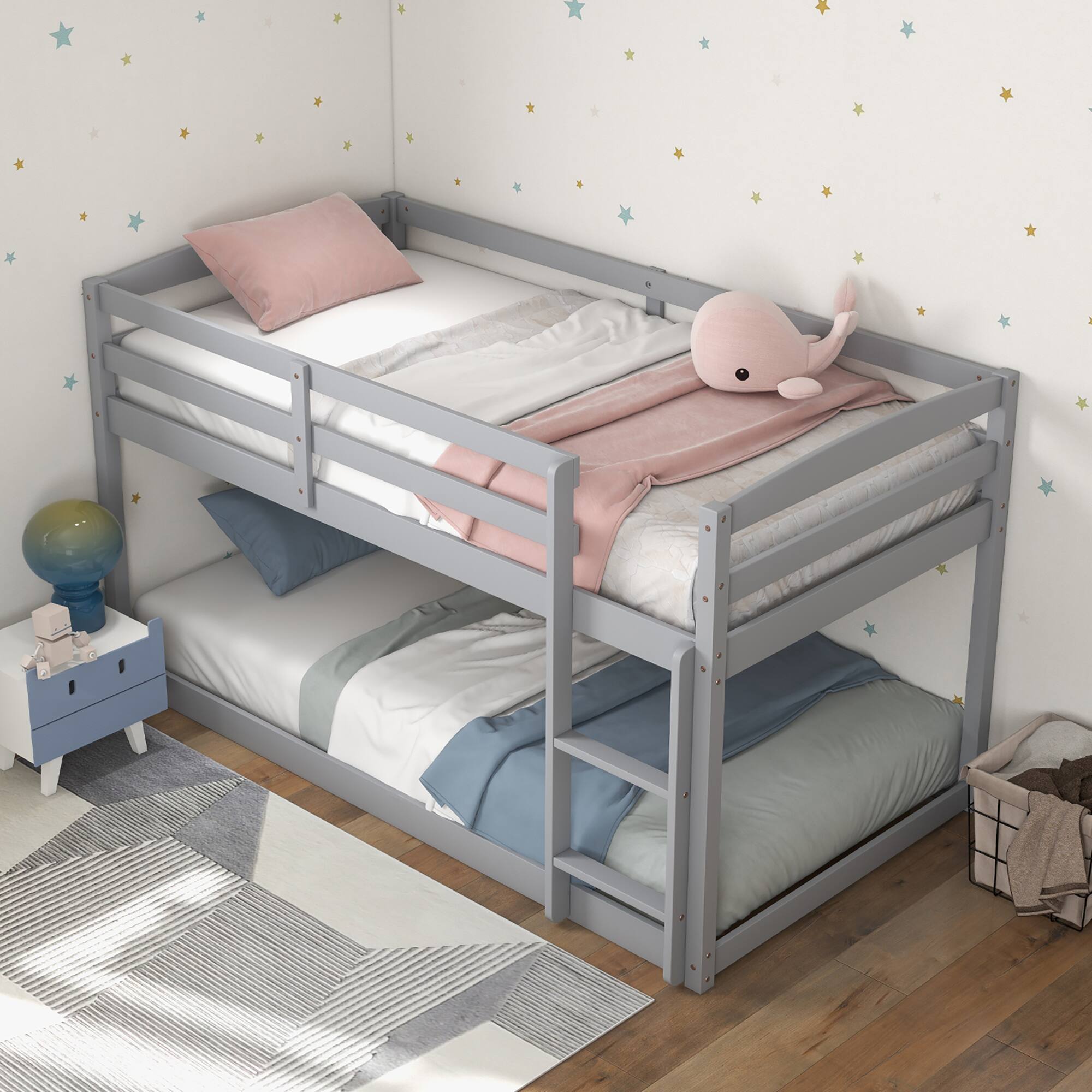 Alt View 1. Costway - Costway Twin over Twin Low Bunk Bed with Guardrails Integrated Ladder Kids Wooden - Grey.