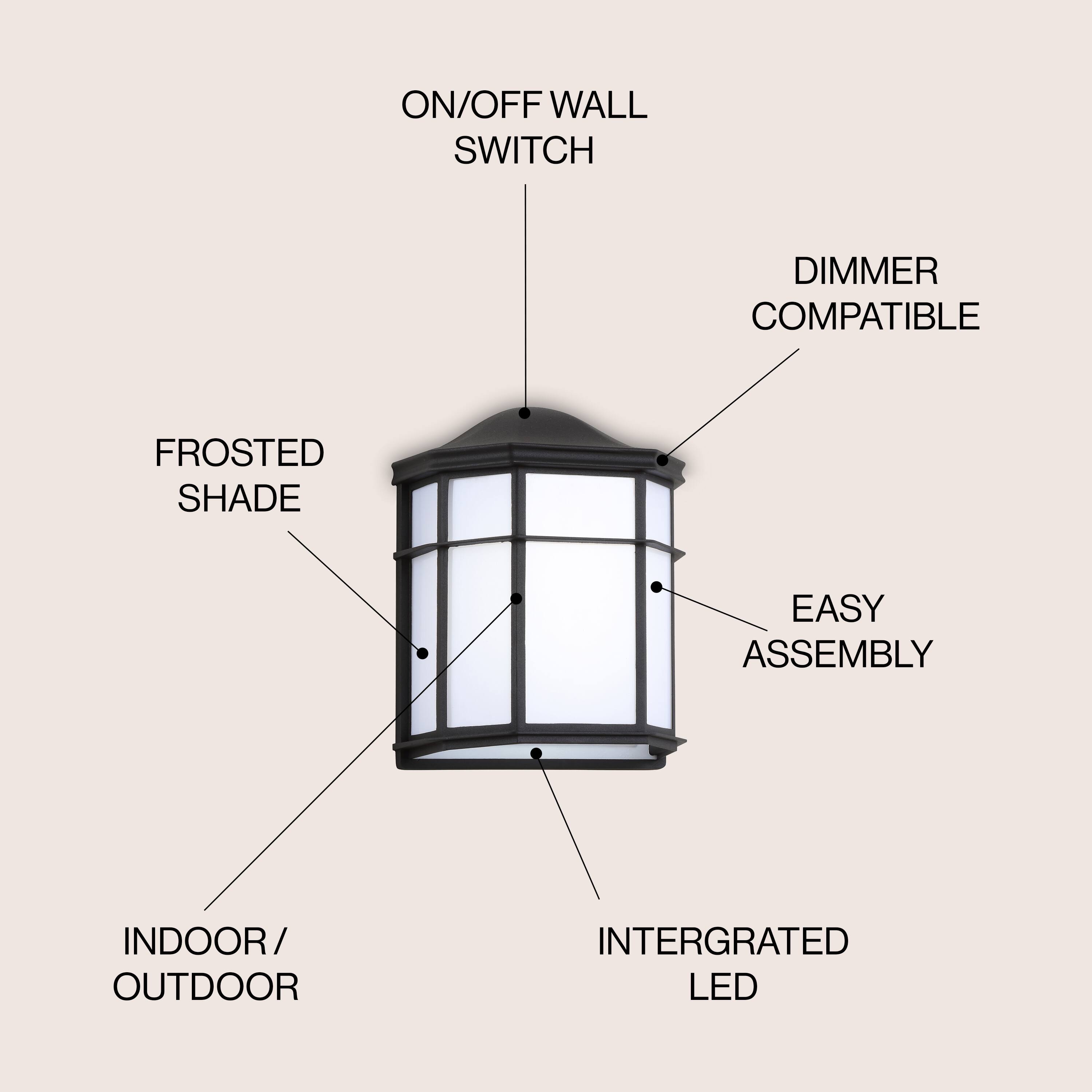 ON/OFF WALL SWITCH DIMMER COMPATIBLE FROSTED SHADE EASY ASSEMBLY INDOOR/OUTDOOR INTERGRATED LED