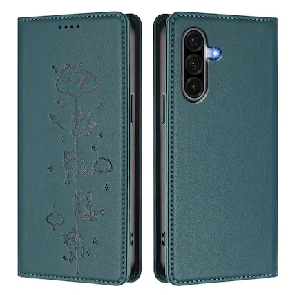 Front. Dteck - for Samsung Galaxy A17 5G Shockproof Case,Slim Cute Cat Embossed PU Leather RFID Blocking Wallet Flip Card Holder Cover - Darkgreen.