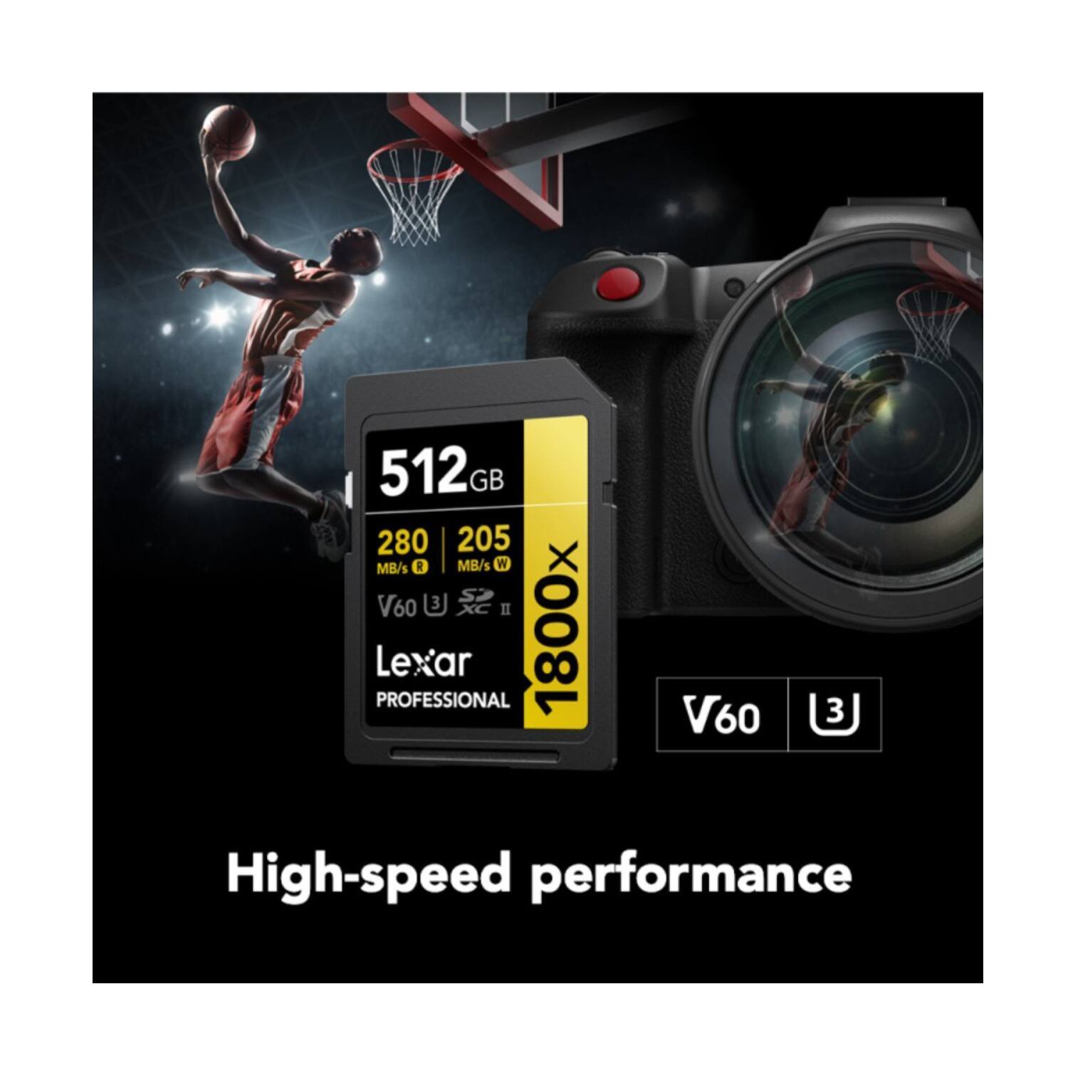 512 GB  
280 MB/s R  
205 MB/s W  
3 S2 V60 B3 XC II  
Lexar PROFESSIONAL 1800x V60  
High-speed performance