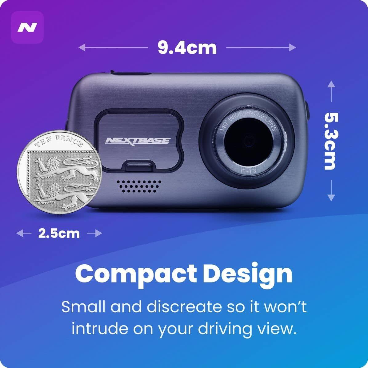 N 9.4cm TEN PENCE NEXTBASE WIDE ANGLE 140 LENS F-13 5.3cm 2.5cm Compact Design Small and discreet so it won't intrude on your driving view.