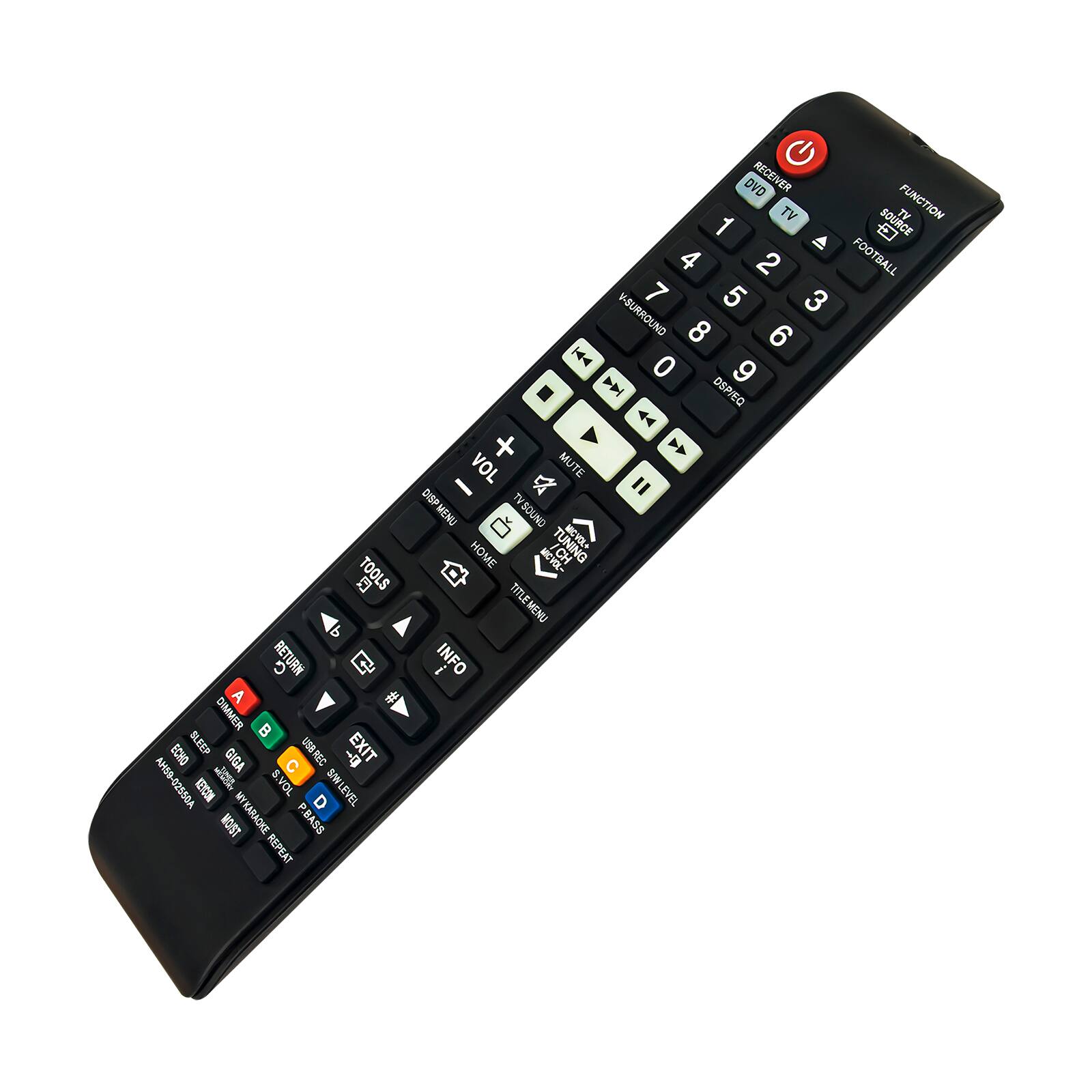 5 TOOLS b RETURN S A DIMMER ECHO SLEEP USB REC EXIT GIGA C d - i MIS AH50-02550A D VOL D LEVEL ISIONN MYKARADRE P.BASS REPEAT DVD RECEIVER TV TV FUNCTION 1 BOUNCE A 4 2 FOOTBALL 7 5 3 Y-SURROUND 8 6 K4 0 D 9 DSPIEO 4 + >> VOL MUTE DISP TV " nN4 GNn0SA HOME MCVOL- TUNING TITLE MENU INFO