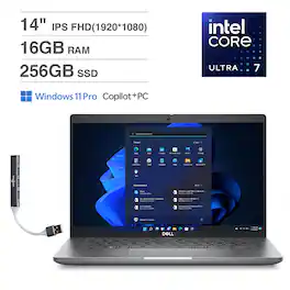 Dell - Latitude Laptop 14.0 FHD (Intel Ultra 7 165U , 16GB DDR5, 256GB M.2 PCIe SSD, Win 11 Pro) w/USB Hub - Silver