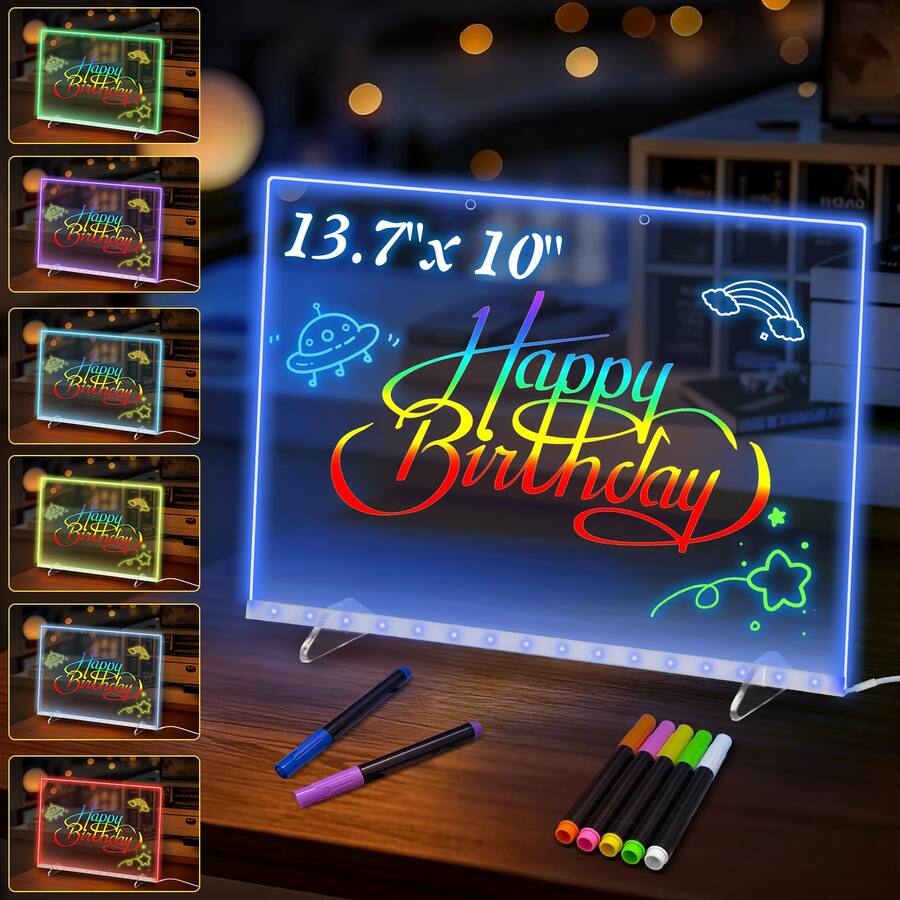 LED Note Board For Kids - 13.7x10 Inch Drawing Board With 7 Colors, 4 Light Modes, Dry Erase