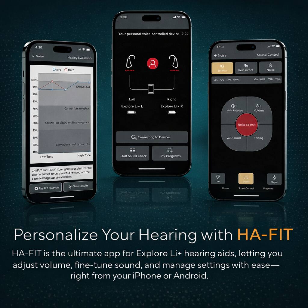 5:30  
Your personal voice-controlled device 2.22  

4:30  
Noise  
Hearing Evaluation  

4:30  
Noise Sound Control  

Orevo other  
Hearing Level  

Loit  
Explore Li+ L  
Right  
Explore Li+ R  

Connecting to Devices  
Start Sound Check  

My Programs  

Noise Reduction  
Volume  
Noise Search  
Voice search  
Training  

Low Tone  
High Tone  

Personalize Your Hearing with HA-FIT  
HA-FIT is the ultimate app for Explore Li+ hearing aids, letting you adjust volume, fine-tune sound, and manage settings with ease right from your iPhone or Android.
