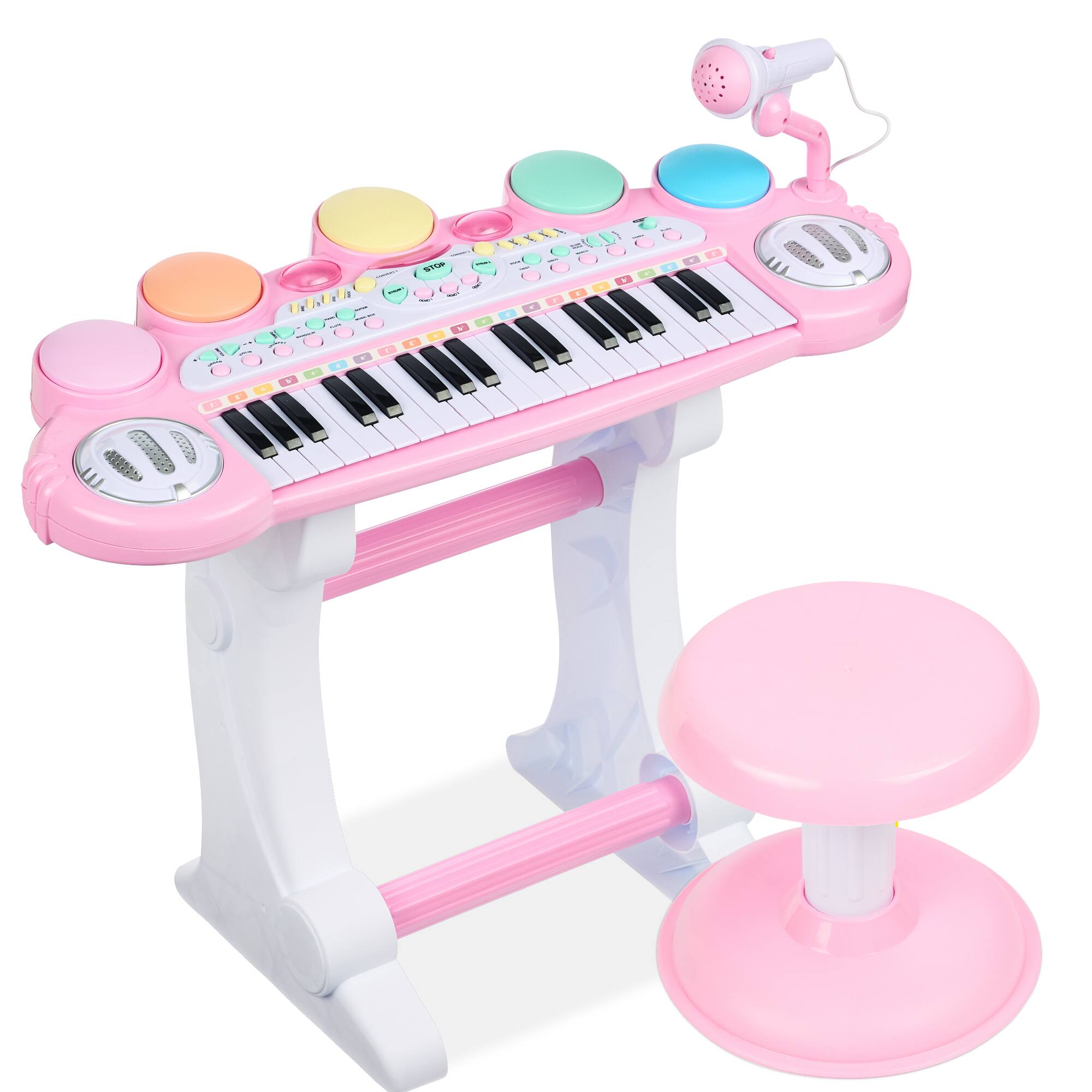 Best Choice Products - 37-Key Kids Electronic Piano Keyboard w/ Multiple Sounds, Lights Microphone, Stool - Light Pink