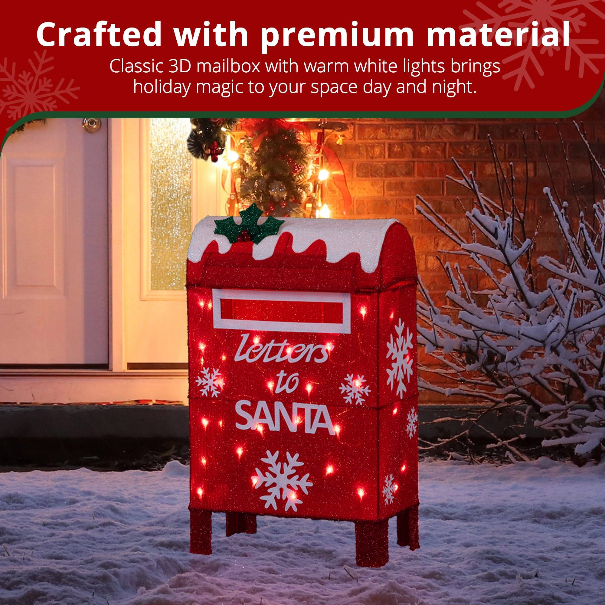 Crafted with premium material  
Classic 3D mailbox with warm white lights brings holiday magic to your space day and night.  
Letters to SANTA