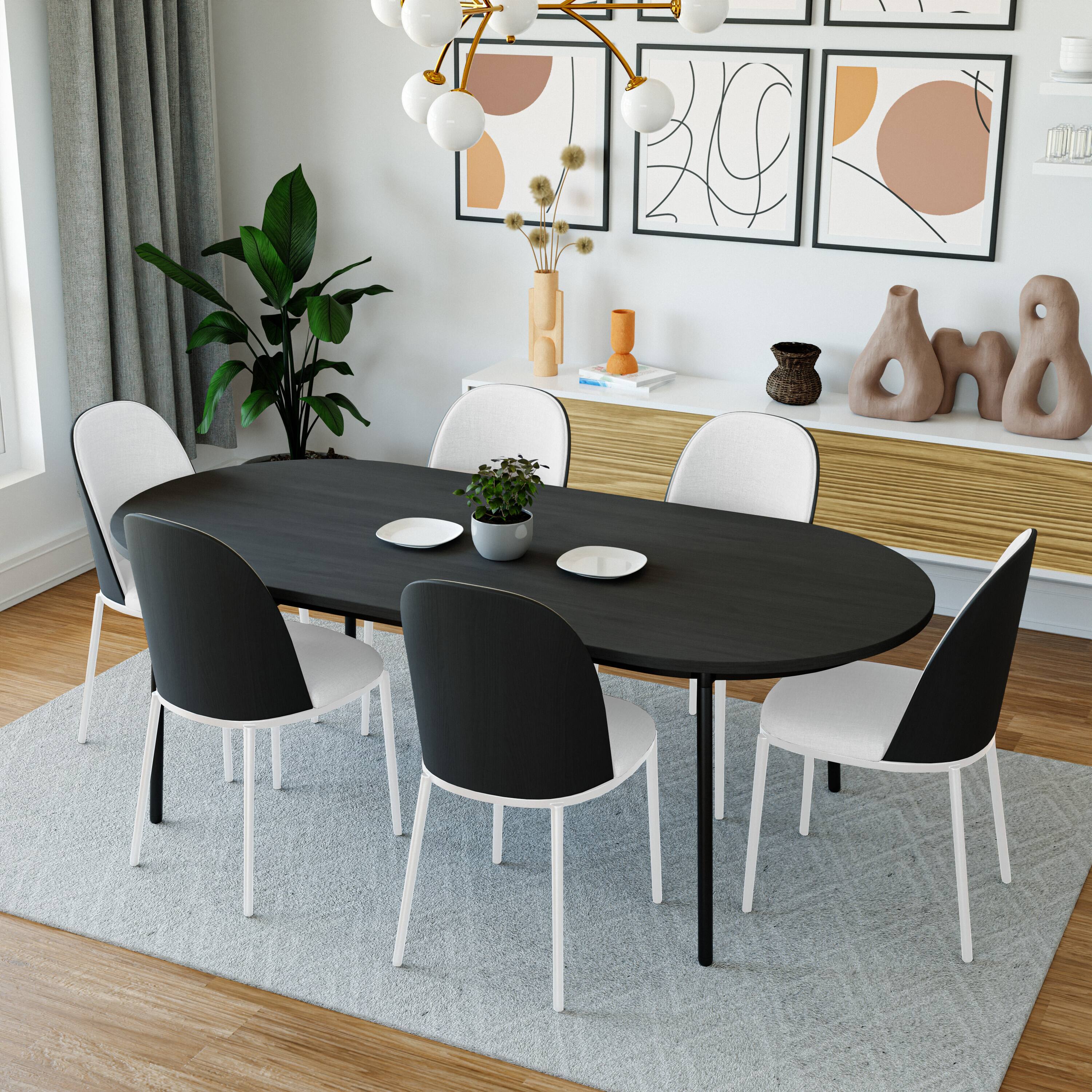 Angle. LeisureMod - Tule Vintage Mid-Century Dining Chair, Modern Fabric Upholstered Kitchen Side Chair with Protective Floor Glides - Black/White.
