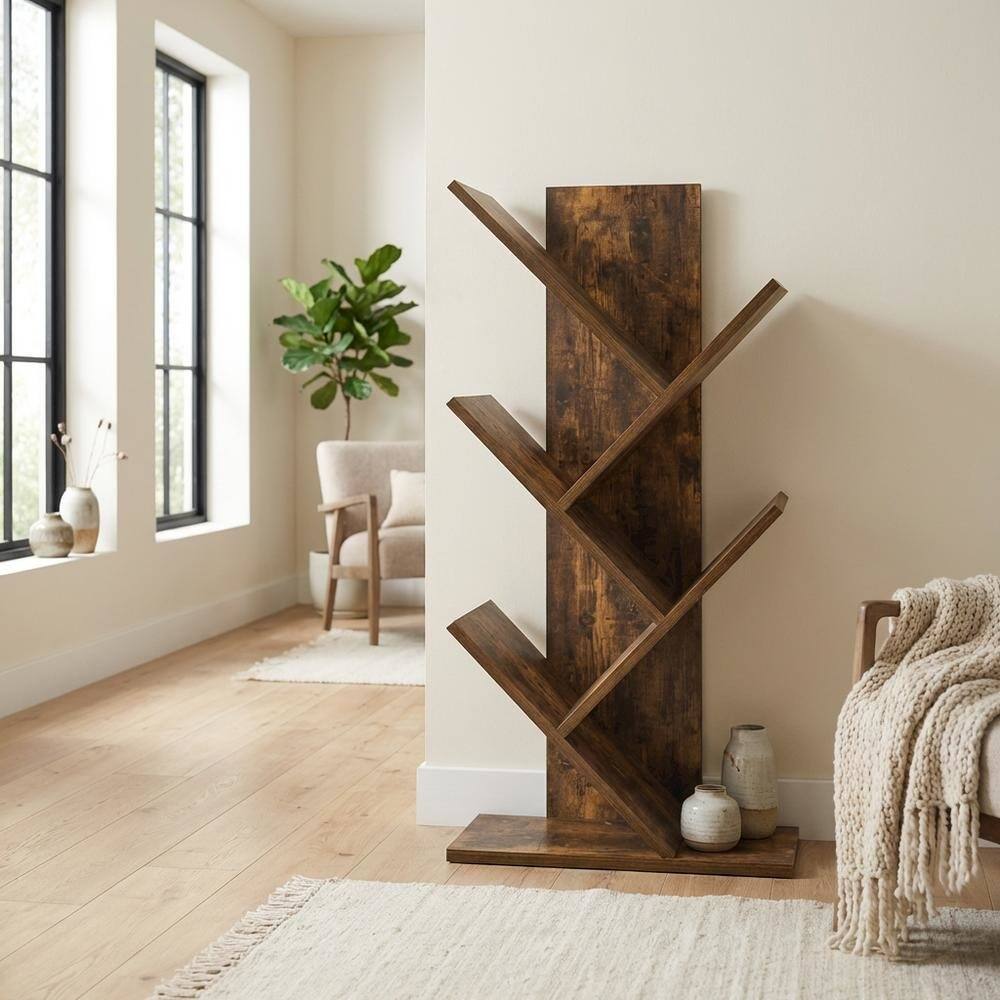 Angle. FurniFact - Wood Bookcase in Classic Brown Finish with Sturdy Shelving and Compact Design - Amber Pine.