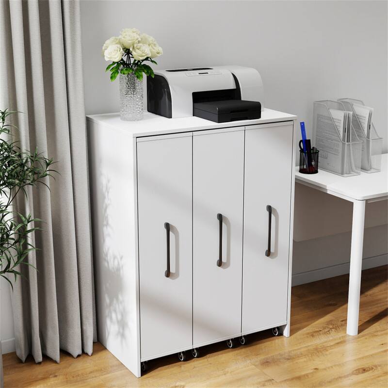 Alt View 2. HTUTWOO - Bookcase with Three Pulled Out Doors Shelving Cabinet - 3 Tier Floor Standing FIle Cabinet with Wheels,Slide Out Storage - White.