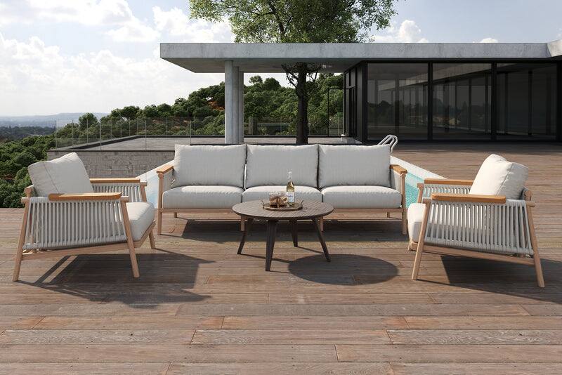 Front. Acanva - Modern Outdoor Patio Sofa with Thick Cushions, Olefin Fabric Sunroom Backyard Furniture, 3 Piece Set (Couch & 2 Chairs) - Light Khaki.
