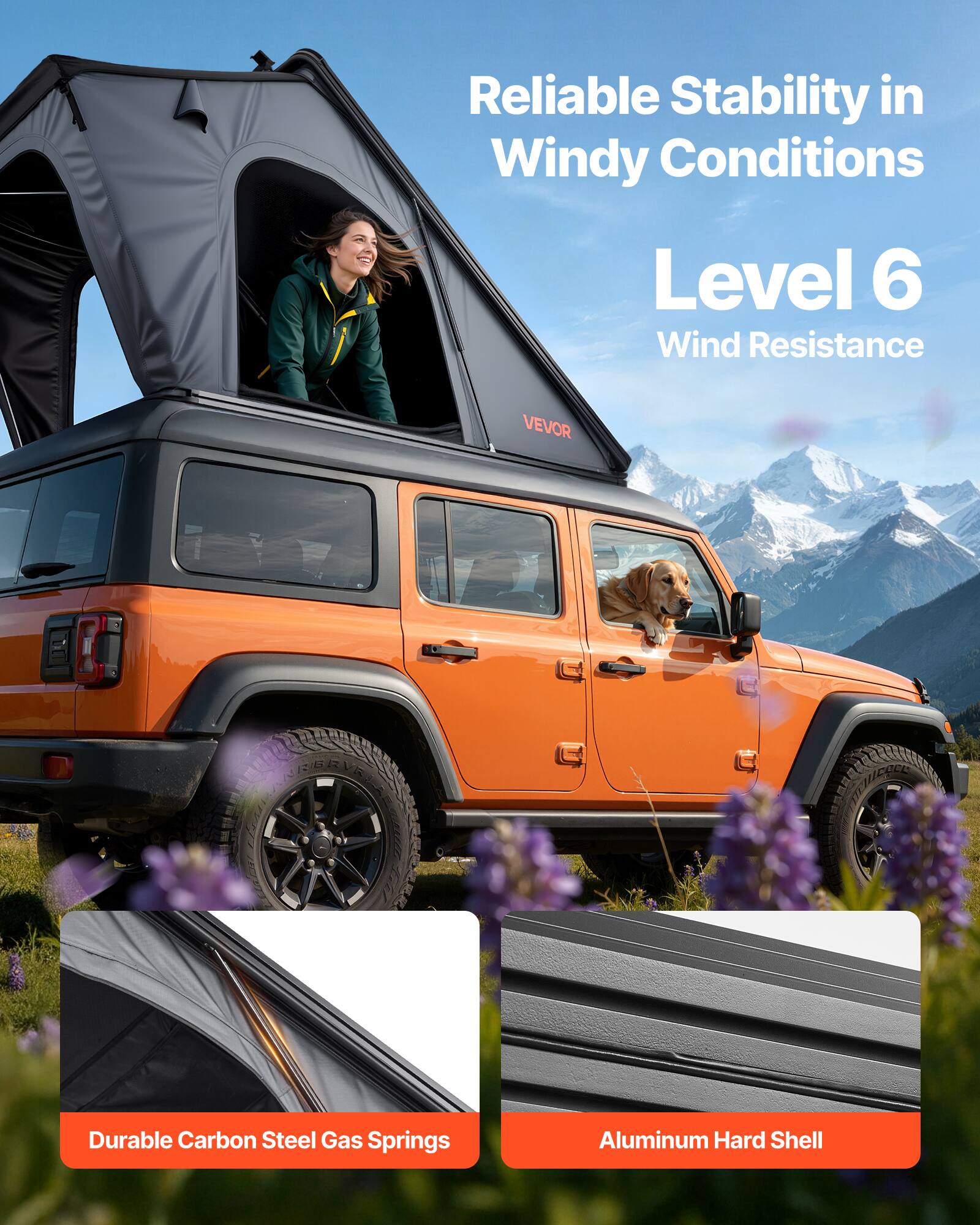 Reliable Stability in Windy Conditions  
Level 6 Wind Resistance  

VEVOR BAN  

Durable Carbon Steel Gas Springs  
Aluminum Hard Shell