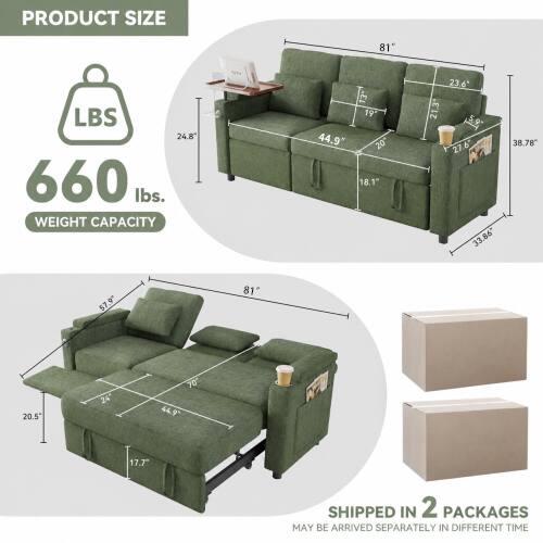 PRODUCT SIZE  
81" L x 24.8" W x 66" H  
WEIGHT CAPACITY: 660 lbs.  
SHIPPED IN 2 PACKAGES  
MAY BE ARRIVED SEPARATELY IN DIFFERENT TIME