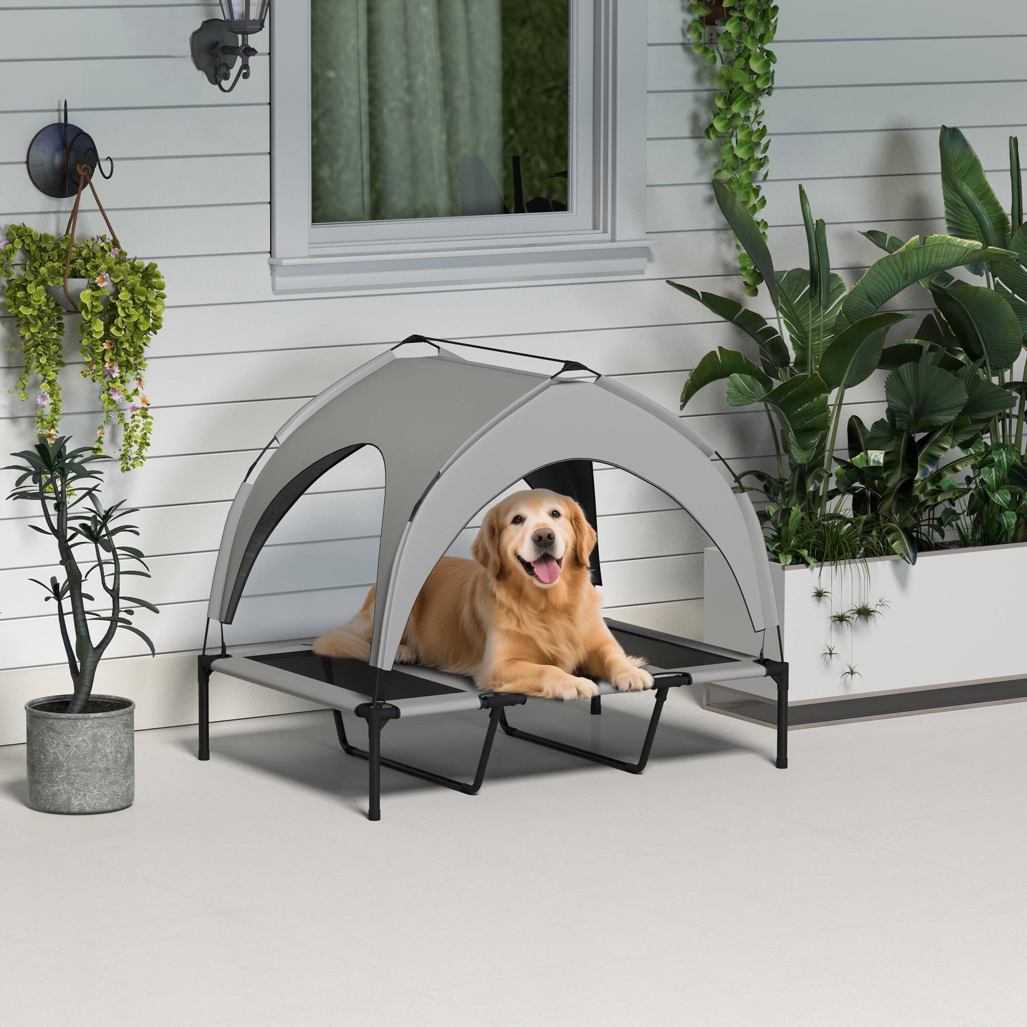 Alt View 1. Pawhut - Dog Bed with Canopy, Raised Outdoor Pet Bed for Camping with Washable Breathable Mesh - Light Gray.