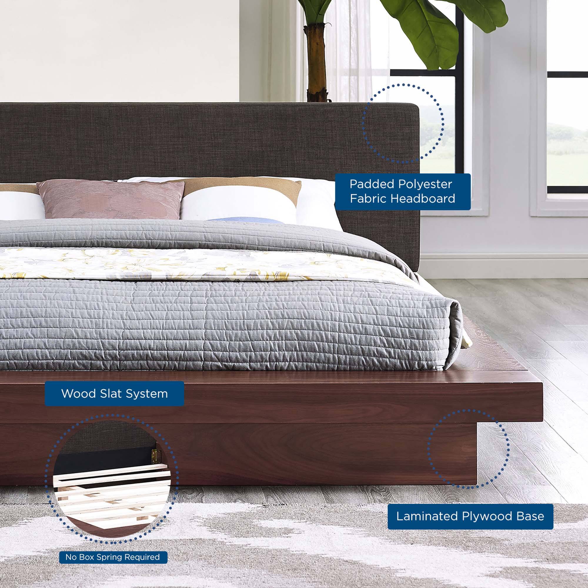 - Padded Polyester Fabric Headboard
- Wood Slat System
- Laminated Plywood Base
- No Box Spring Required