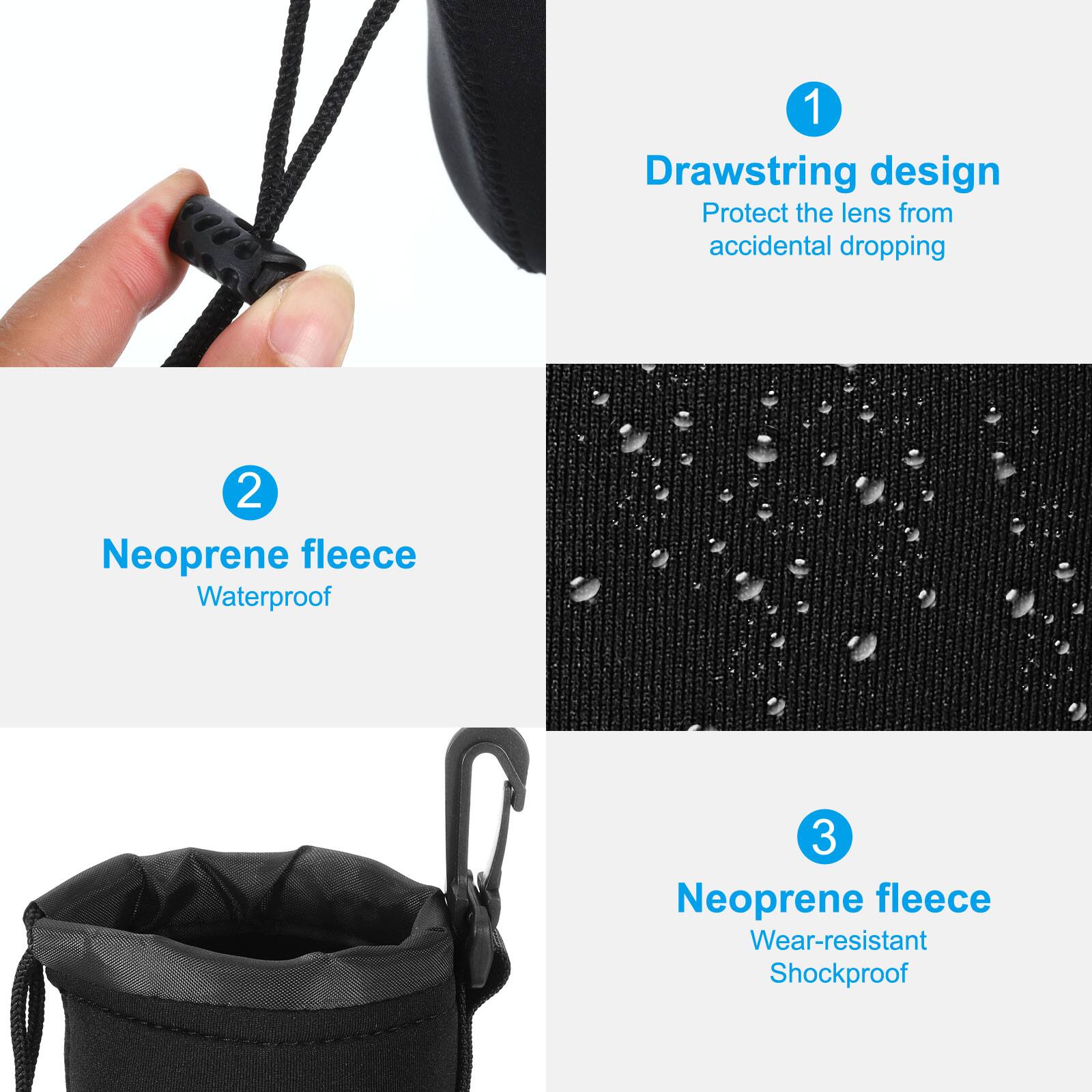 1. Drawstring design  
   Protect the lens from accidental dropping  

2. Neoprene fleece  
   Waterproof  

3. Neoprene fleece  
   Wear-resistant  
   Shockproof