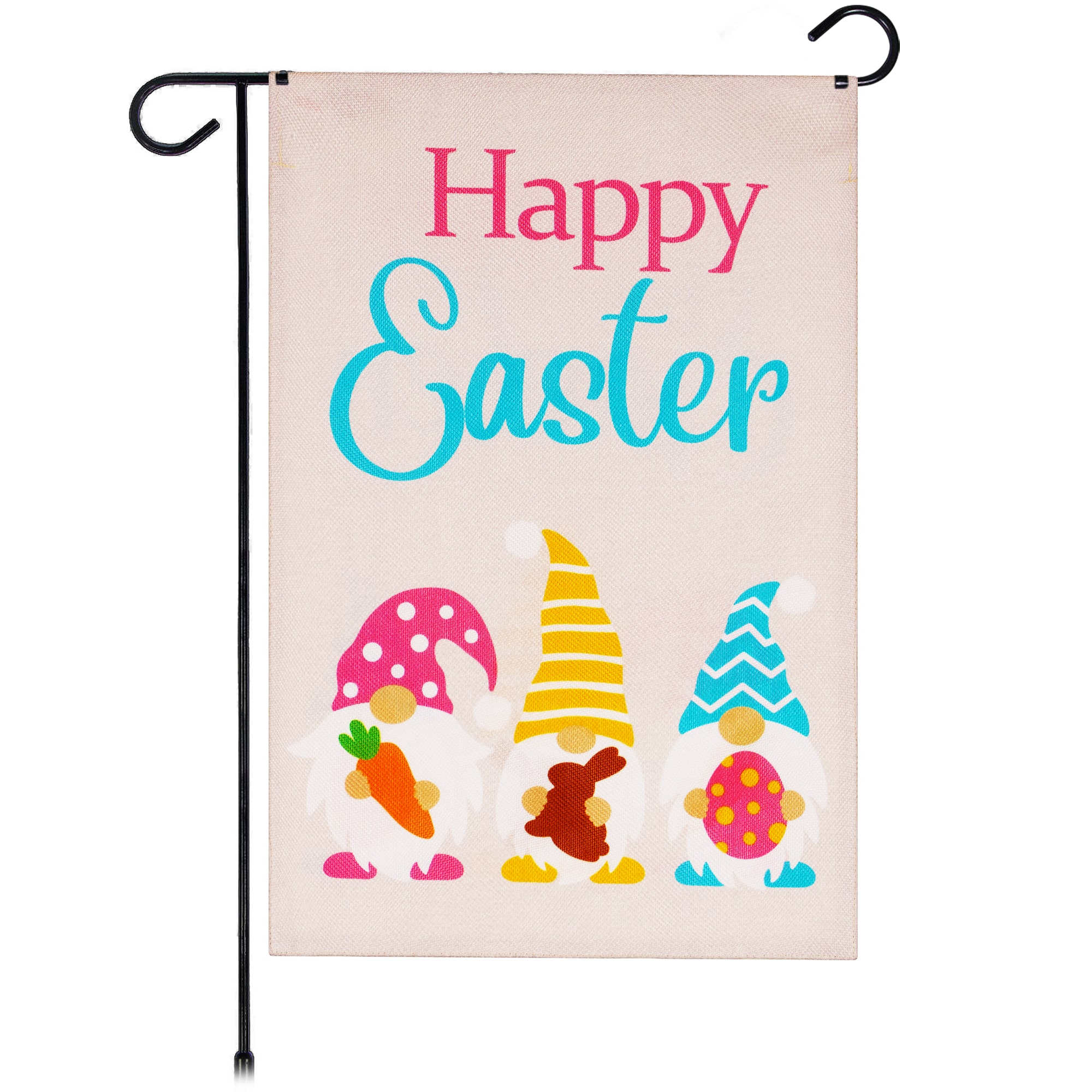G128 - Garden Flag Happy Easter Three Gnomes with Carrot and Chocolate Bunny Egg 12 x 18 in Burlap - Assorted Colors