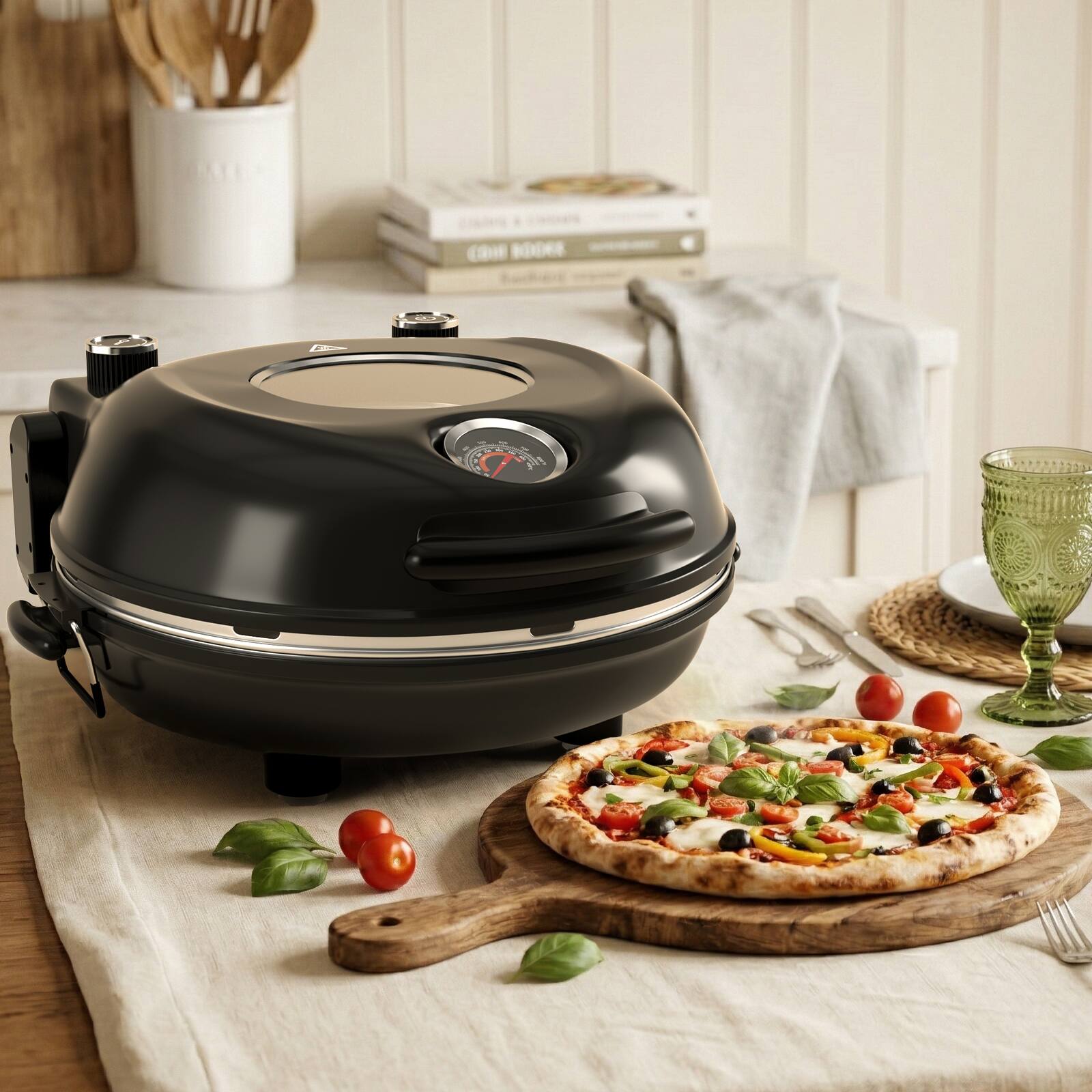 Alt View 7. Topteng - 12 Inch Countertop Electric Pizza Oven - 800°F Fast Cooking, Removable Ceramic Stone & Viewing Window - Black.