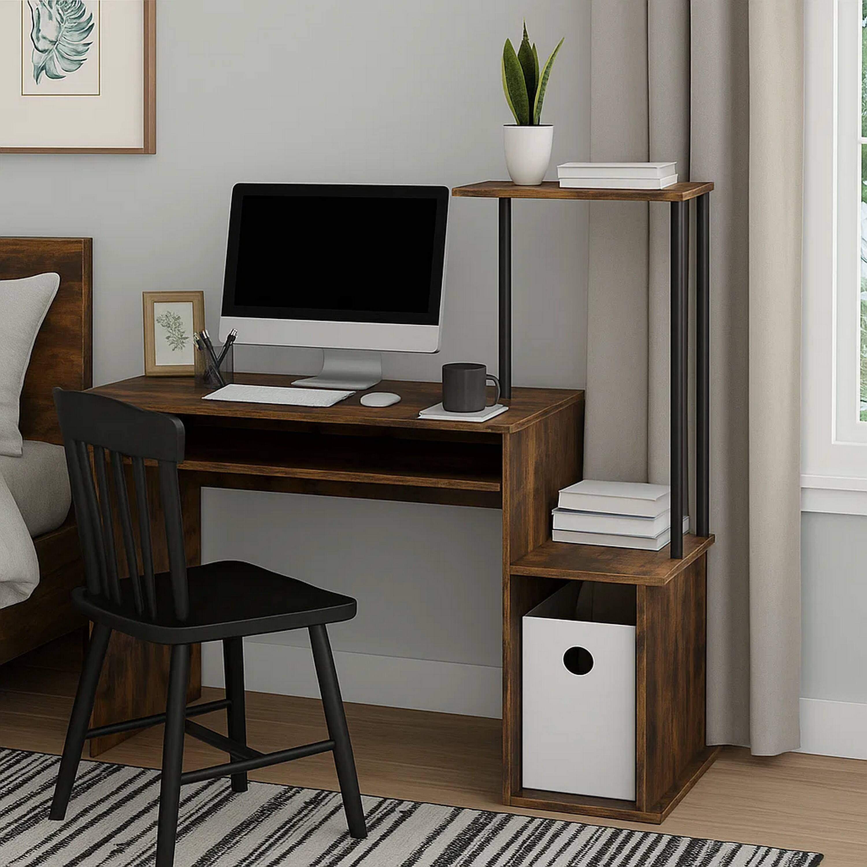 Alt View 3. Manhattan Lane - Computer Desk with Built In Bookshelf, Weathered Oak and Black - Brown, Black.