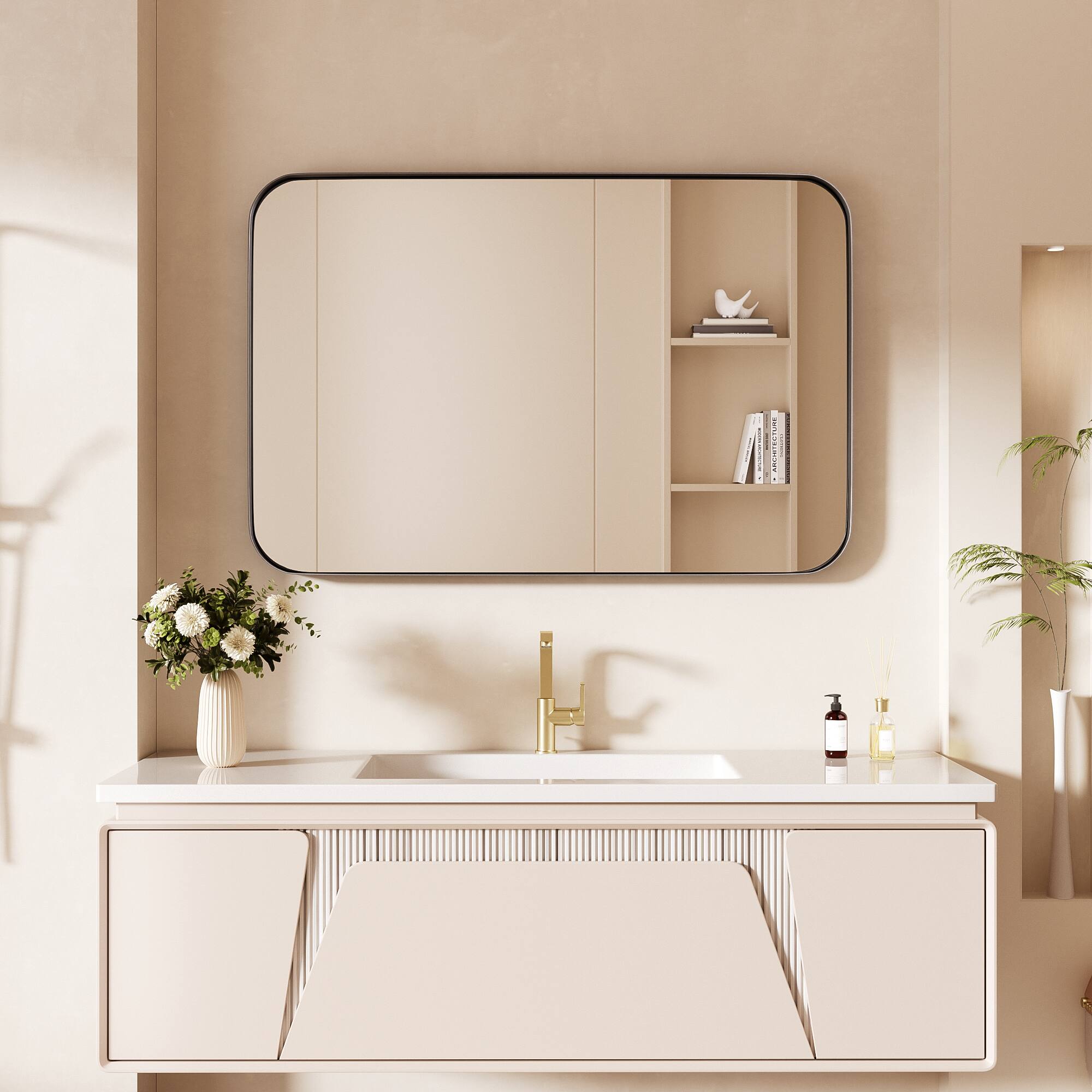 Left. LOVMOR - Tempered Glass Rounded Rectangle Framed Wall-Mounted Bathroom Vanity Mirror - 24" x 36" - Black.