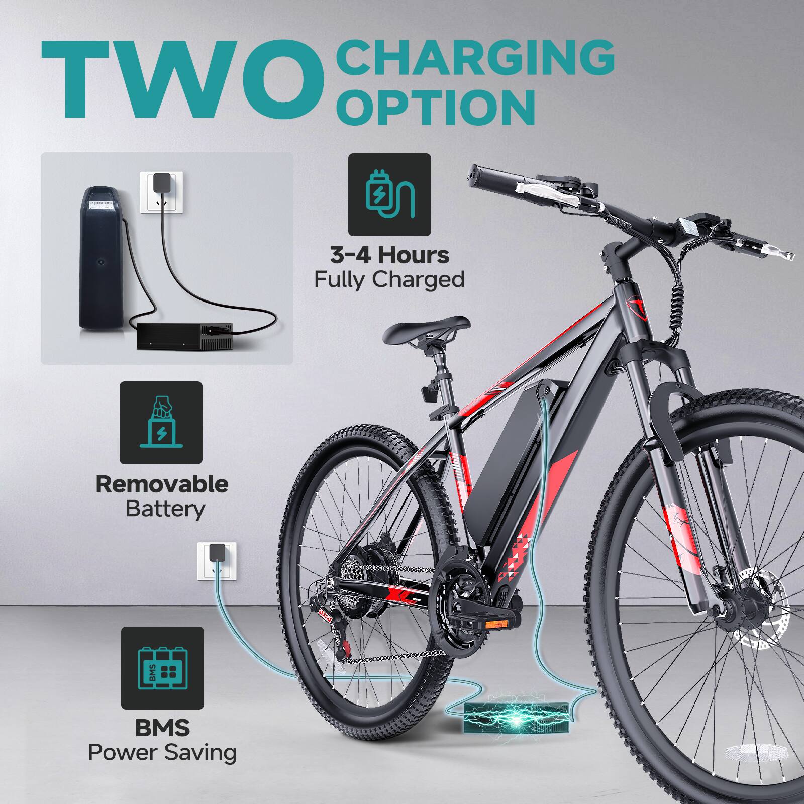TWO CHARGING OPTION

- 3-4 Hours Fully Charged
- Removable Battery
- BMS Power Saving