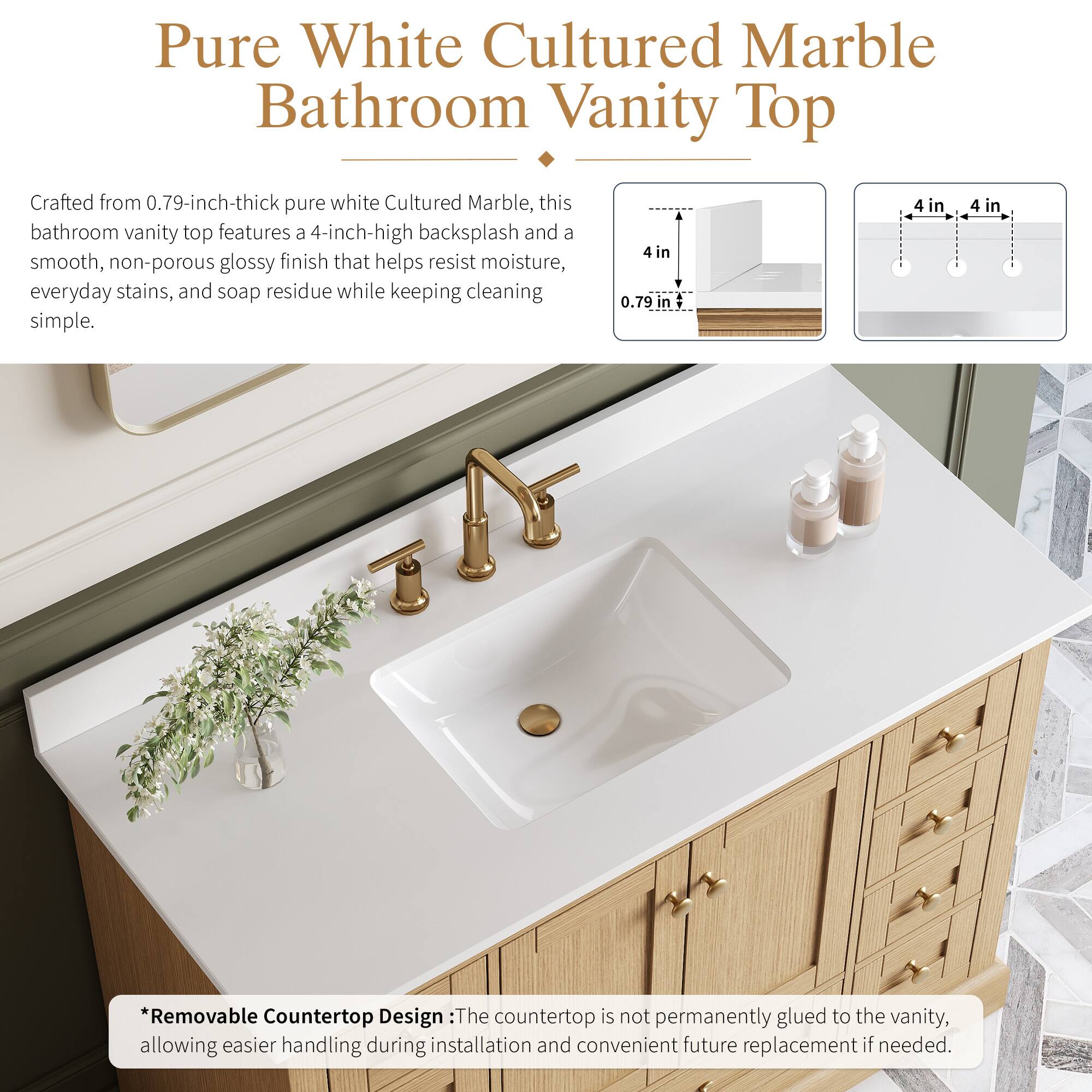 Pure White Cultured Marble Bathroom Vanity Top

Crafted from 0.79-inch-thick pure white Cultured Marble, this bathroom vanity top features a 4-inch-high backsplash and a smooth, non-porous glossy finish that helps resist moisture, everyday stains, and soap residue while keeping cleaning simple.

*Removable Countertop Design: The countertop is not permanently glued to the vanity, allowing easier handling during installation and convenient future replacement if needed.