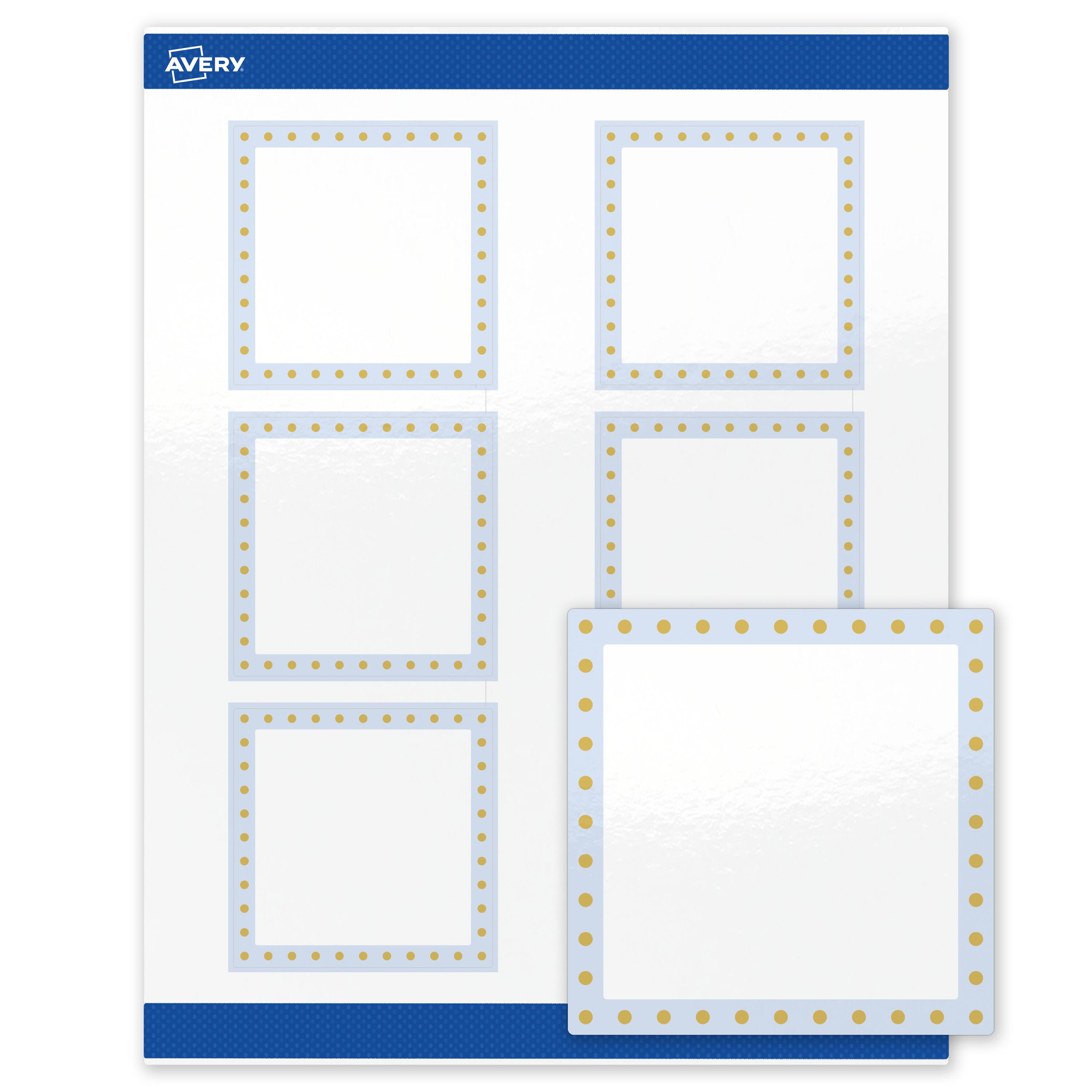 Front. Avery - Avery Labels, 3" x 3", Glossy White, Blue Border/Gold Dots - White.