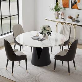 POVISON - 51" Modern Round White Dining Table for 4, Glossy Sintered Stone Tabletop, Solid Black Carbon Steel Base - Glossy White Sintered Stone & Black Steel Base