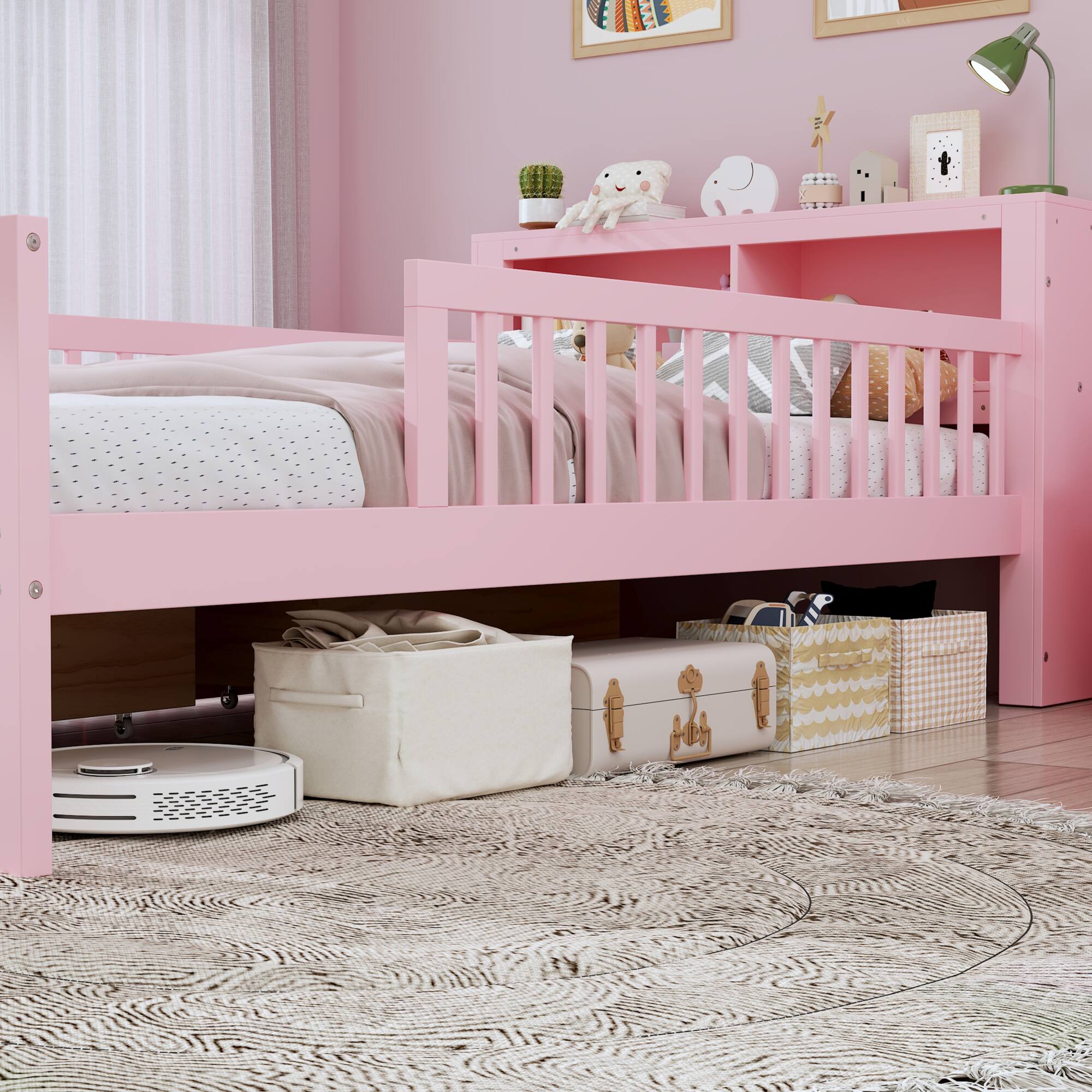 Back. GOODSILO - Twin Size Bed with Headboard Storage and Under-Bed Drawers Featuring Safety Guardrails - Pink.
