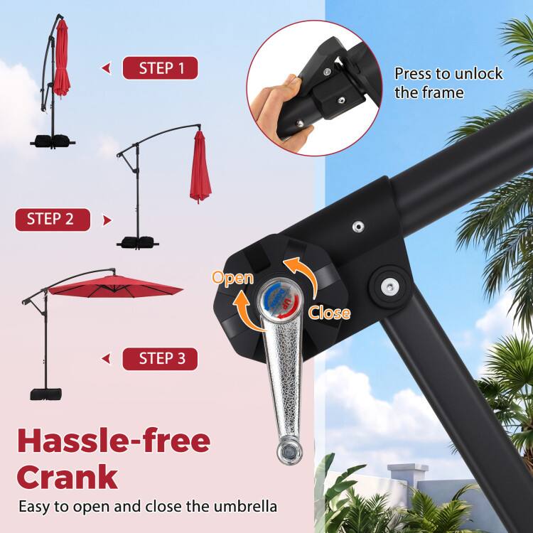 STEP 1: Press to unlock the frame  
STEP 2: Open  
STEP 3: Hassle-free Crank  
Easy to open and close the umbrella