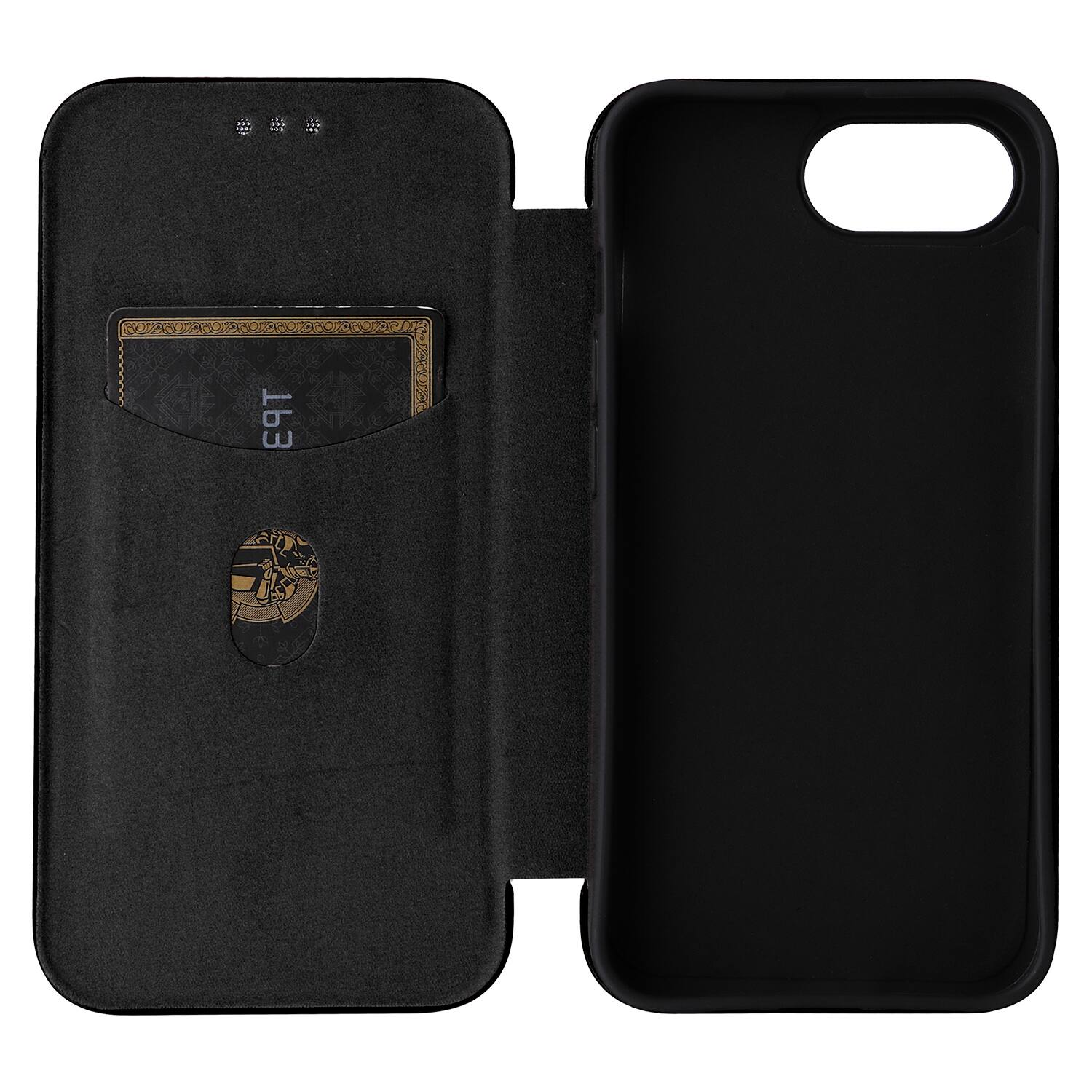 Angle. Dteck - Carbon Fiber Texture Folio Phone Case for Apple iPhone 16e/17e,PU Leather Magnetic Closure Hidden Card Slot Flip Cover - Black.