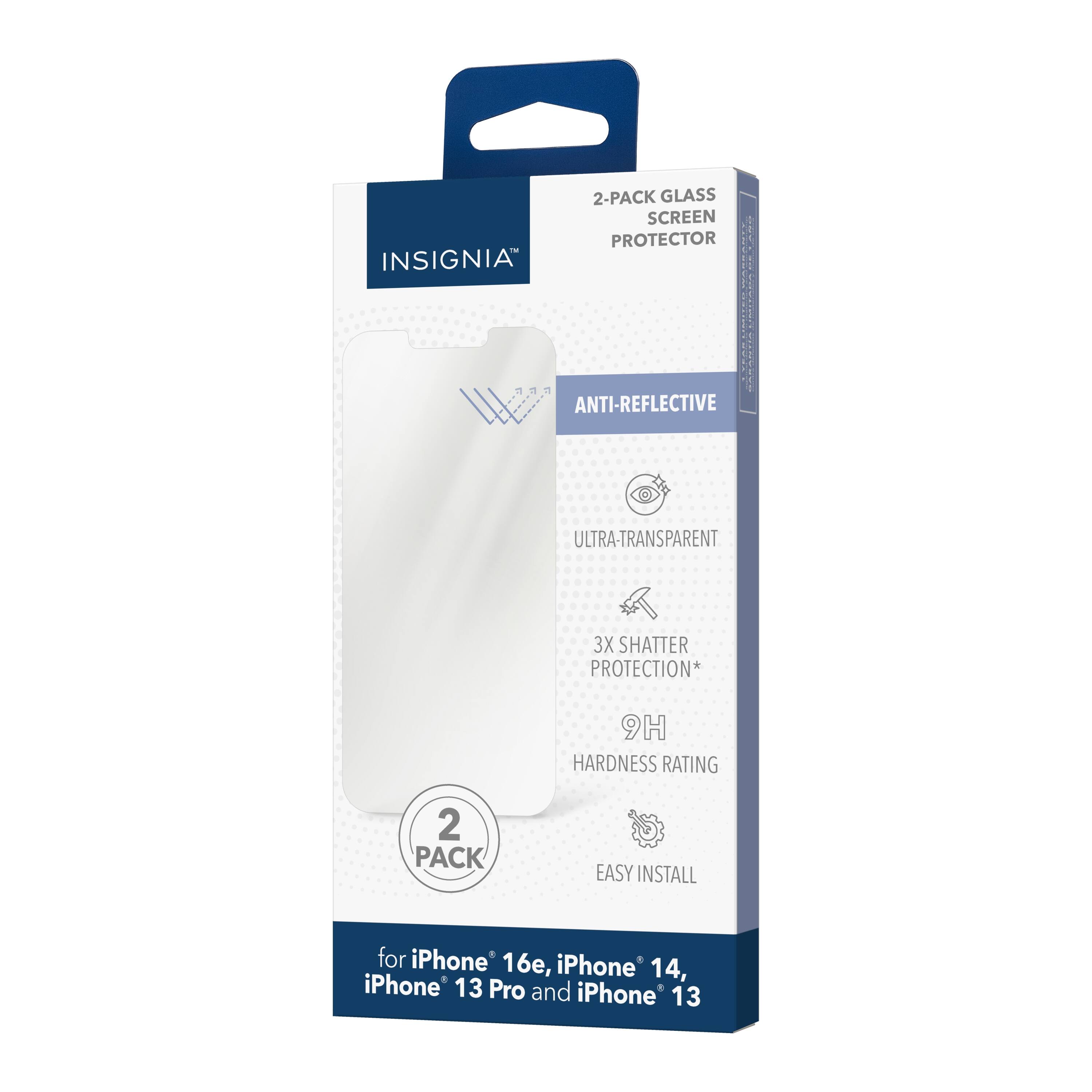 Insignia 2-Pack Glass Screen Protector for iPhone 16, iPhone 14, iPhone 13 Pro, and iPhone 13. This screen protector features anti-reflective, ultra-transparent, and 3x shatter protection with a 9H hardness rating. The package includes two protectors for easy installation.