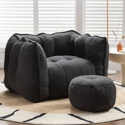 Front. Trinkets Crazed - Chenille Giant Bean Bag Sleeper Chair with Ottoman, Adults and Kids Lazy Floor Sofa Couch - black.