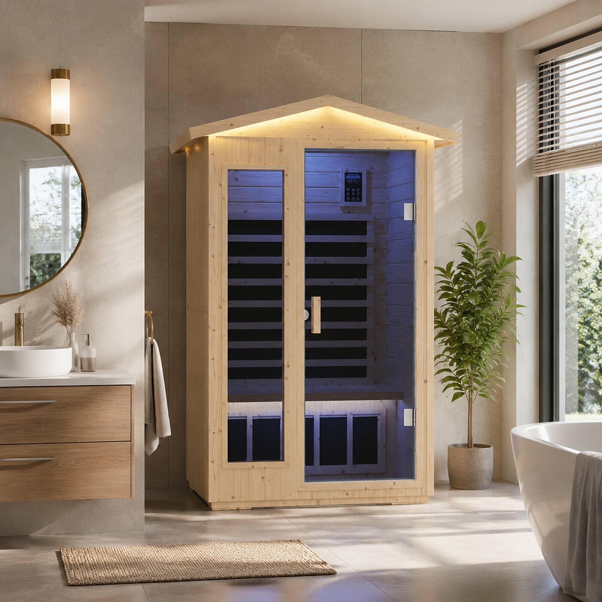 Back. RYHNUYNE - Far Infrared Sauna Room, Norway Spruce Wood, 6 Heating Plates, 1850W, Home Spa - Natural Wood.