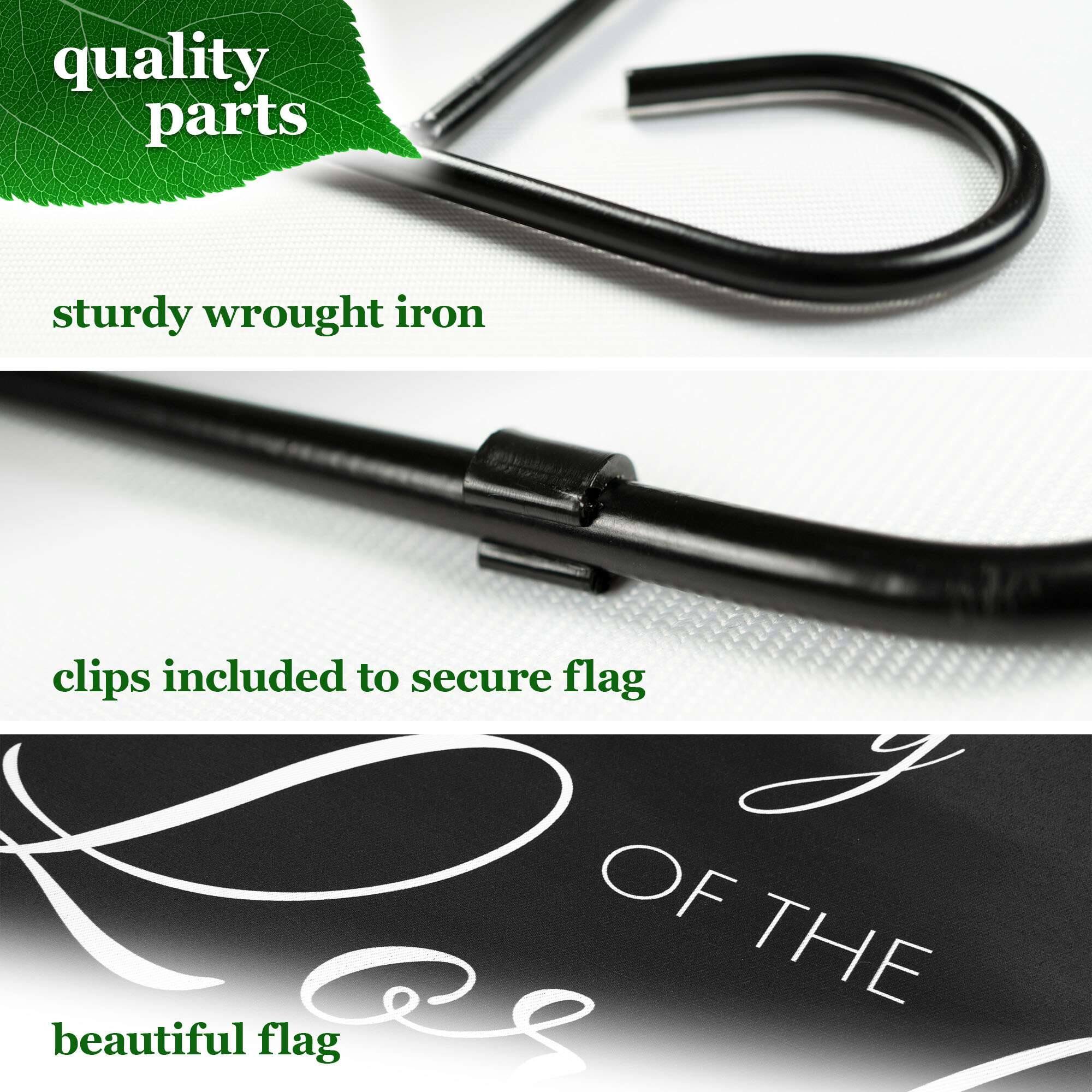 quality parts  
sturdy wrought iron  
clips included to secure flag  
beautiful flag OF THE